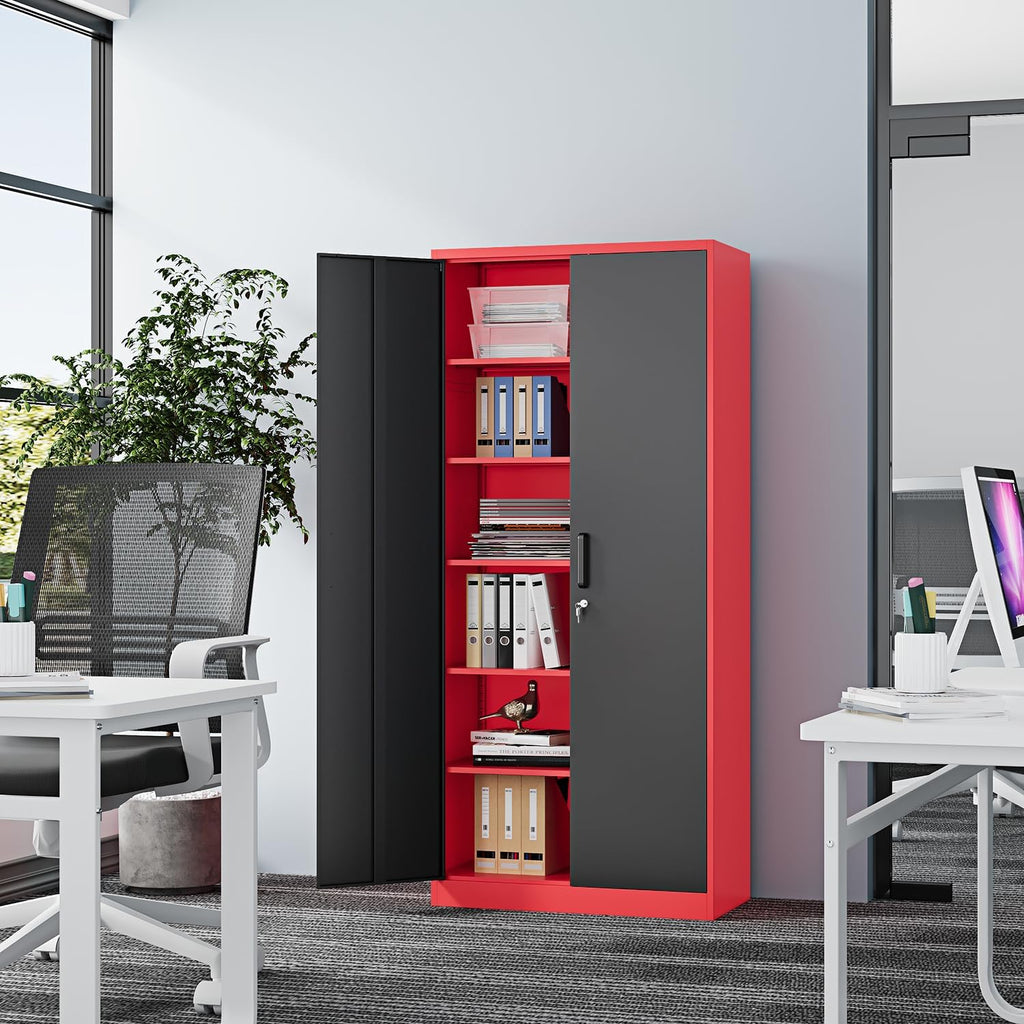 Fesbos Metal Storage Cabinet-71' Tall Steel File Cabinets with Lockable Doors and Adjustable Shelves-Black&Red Steel Storage Cabinet for Home, School, Office, Garage