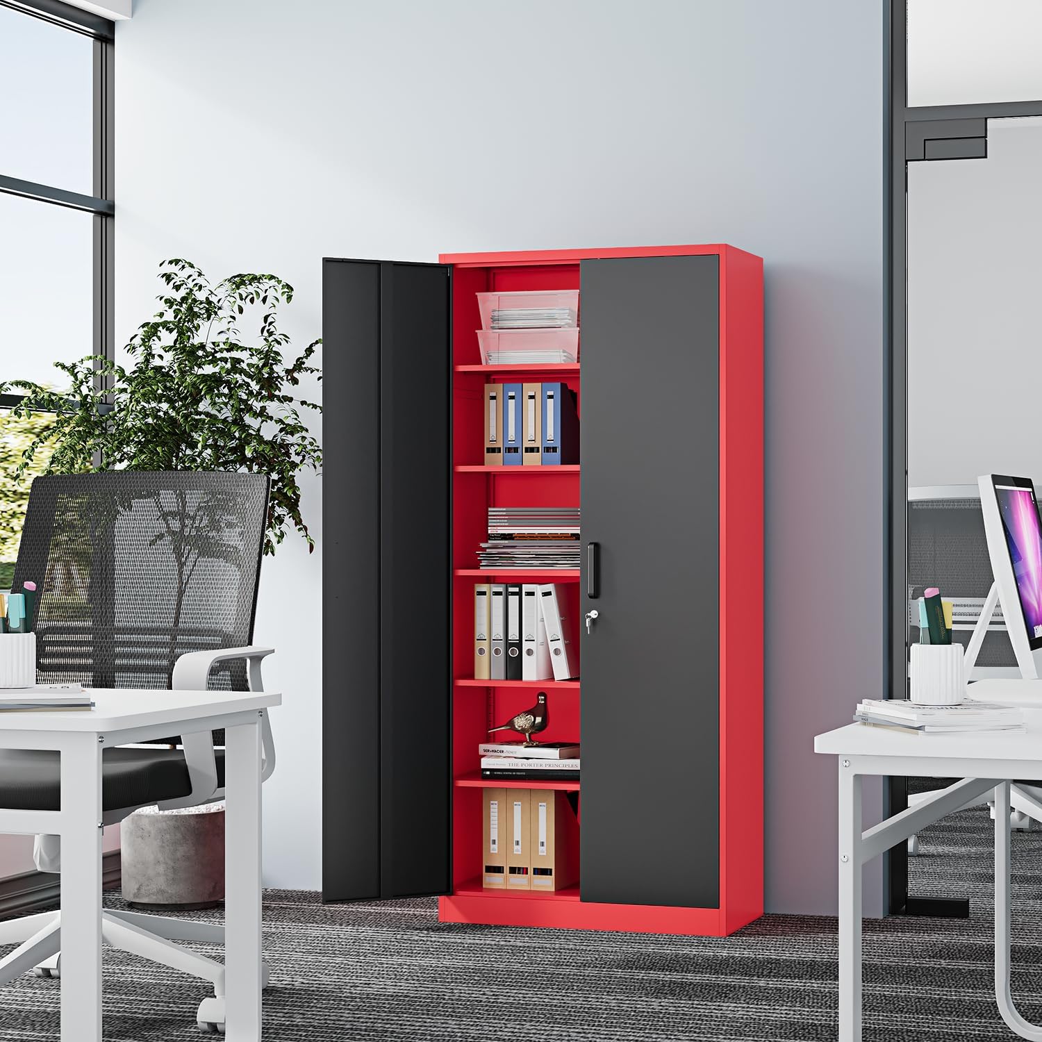Fesbos Metal Storage Cabinet-71' Tall Steel File Cabinets with Lockable Doors and Adjustable Shelves-Black&Red Steel Storage Cabinet for Home, School, Office, Garage