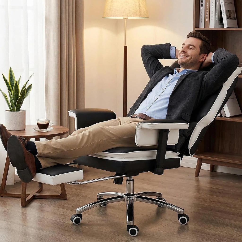 Heavy Duty Office Chair with Footrest High Back, PU Leather Office Chair with with Adjustable Lumbar Support, Reclining Computer Desk Chair with Adjustable Height, Adjustable Armrests, Black White