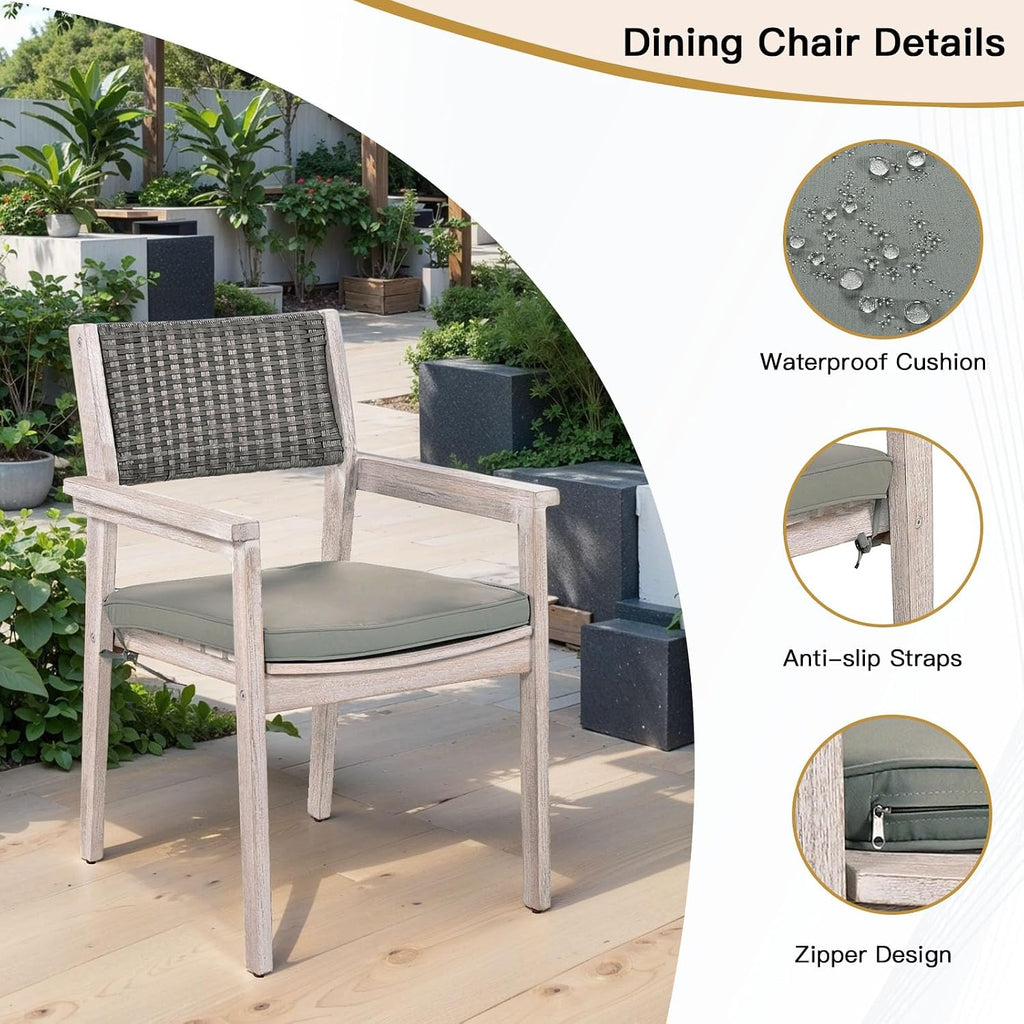 7 Piece Patio Dining Sets, Outdoor Acacia Wood Table and Wicker Back Chairs with Cushions, All Weather Patio Furniture Set for Lawn, Porch, Deck, Yard & Poolside