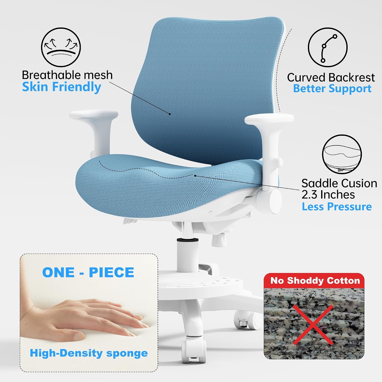 Desk Chair, Ergonomic Study Chair for Kids with Lumbar Support and Footrest, Adjustable Height, Flip-Up Armrests, Mesh Student Chair with Adjustable backrest, Model Deer (Blue)