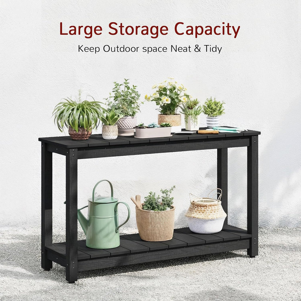 Stoog Outdoor Console Table, All-Weather 2-Tier Patio Console Table with Adjustable Feet, Low Maintenance, for Backyard, Garden, Entryway, and Deck, Black