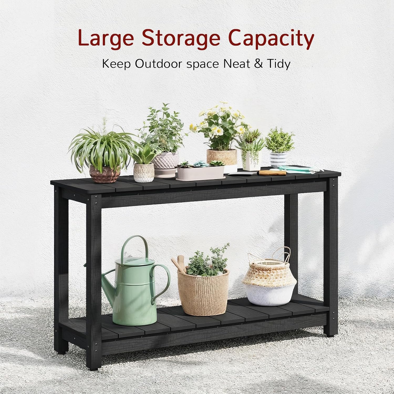 Stoog Outdoor Console Table, All-Weather 2-Tier Patio Console Table with Adjustable Feet, Low Maintenance, for Backyard, Garden, Entryway, and Deck, Black