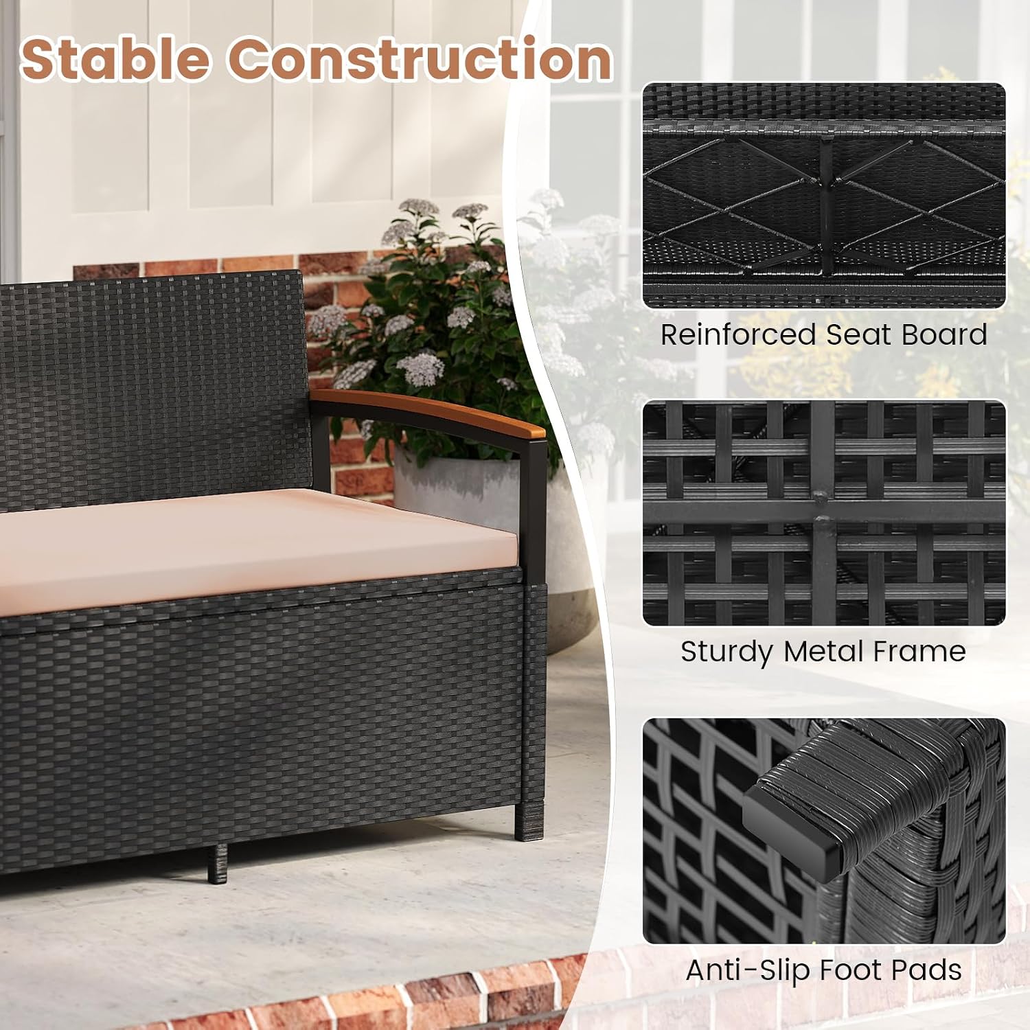 RELAX4LIFE Wicker Outdoor Storage Bench, Rattan Deck Box w/Protective Liner for Patio Furniture Pillows & Garden Tools, Porch Loveseat with Seat Cushion, Acacia Wood Armrests (Black-Beige)