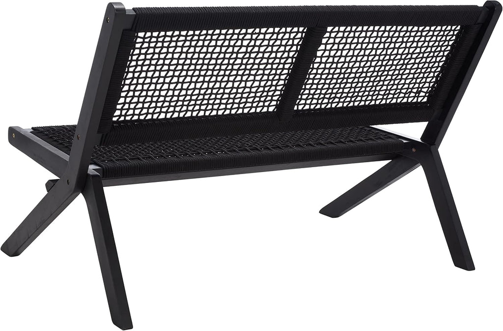 SAFAVIEH Outdoor - Kobina Folding Bench - Black & Black - Solid Wood and Rope - Modern Sculpted Folding Design - Ideal for Patio, Deck, Porch, Backyard, 13.8' Seat Height (PAT7304C)