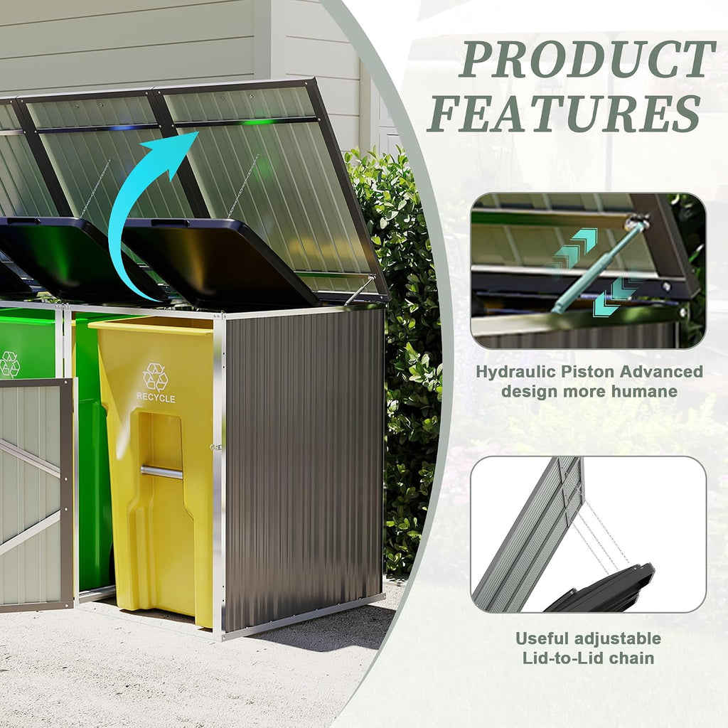 83 Cu Ft Outdoor Storage Shed, Metal Garbage Tool Trash Can Storage, Stainless Galvanized Steel, Pneumatic Support Rod, Bike Storage Shed for 3 Trash Bins (Light Gray+3 Trash Can)