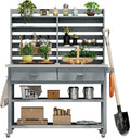 Outdoor Potting Bench Table on Wheels, Solid Wood Storage Island Gardening Workbench with Upper Hutch, Stainless Steel Top, Towel Rack for Outside Garden, Patio, Greenhouse, Gray Blue