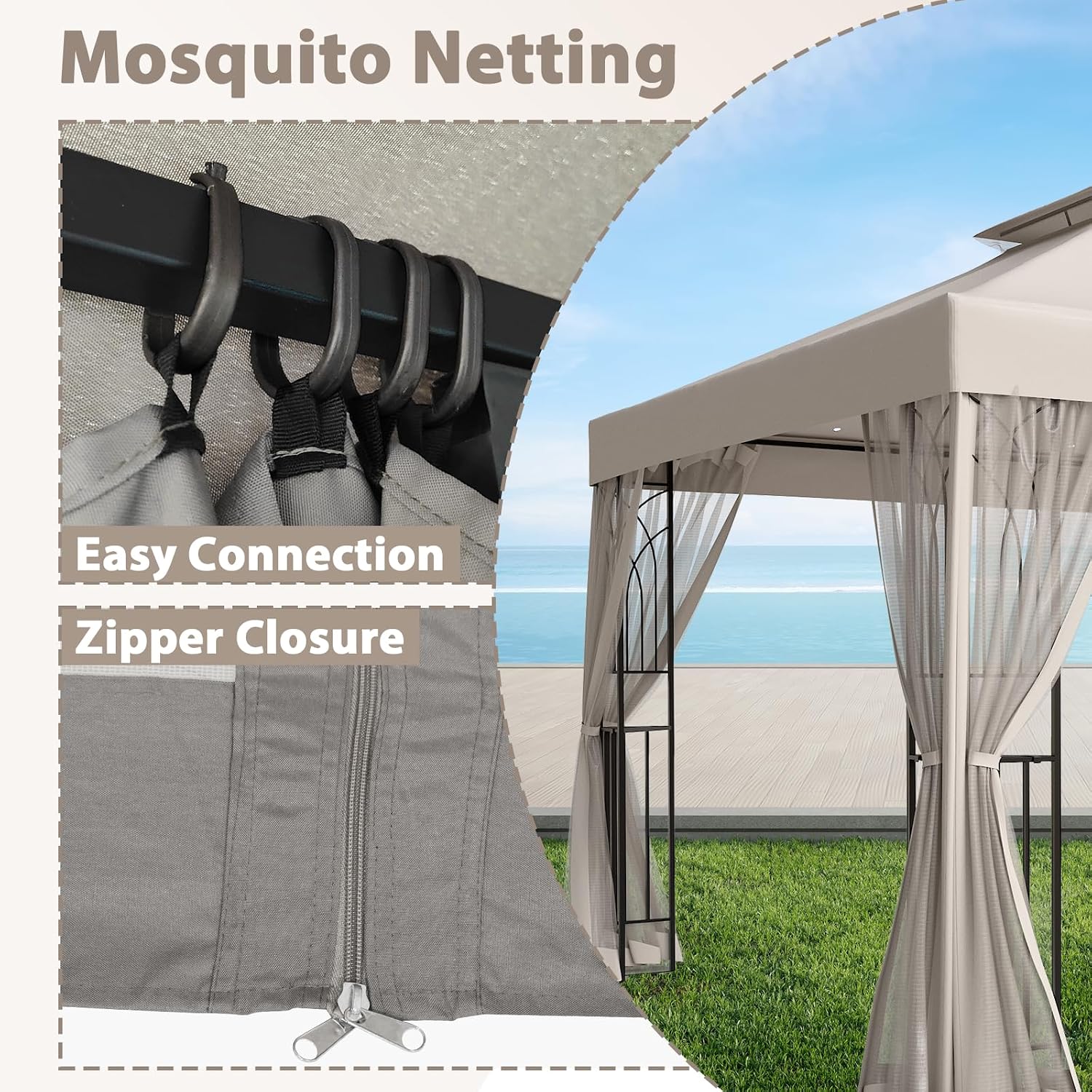 EAGLE PEAK 10x10 Patio Gazebo with Mesh Netting, Double Roof Outdoor Pavilion with Corner Shelves for Lawn, Deck, Garden and Backyard, Beige