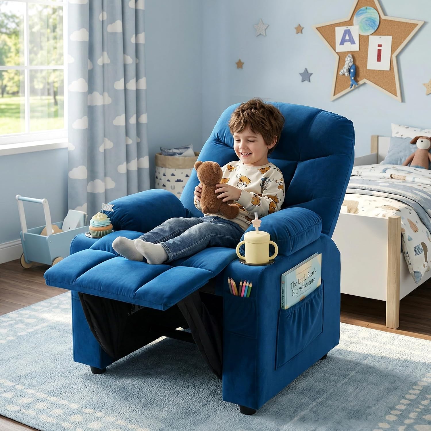 Donut Larger Kids Reclining Chair Velvet Fabric Recliner Sofa Push Back Lounge Children Toddler Boys Girls Ages 3-12 with Dual Cup Holders and 4 Pockets