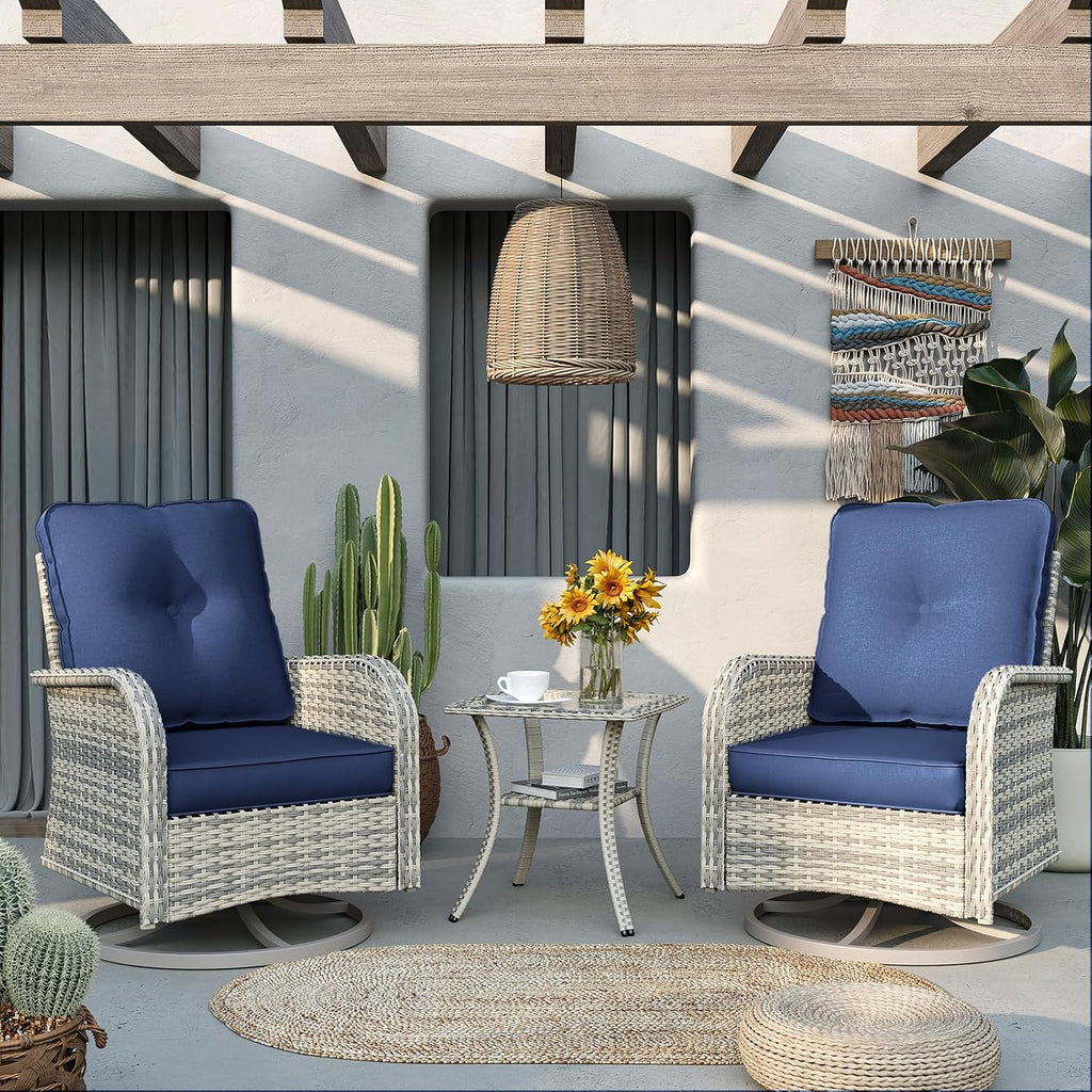 9-Piece Outdoor Rocking Swivel Chair Outdoor Wicker Rattan Bistro Set with Tempered Glass Side Table, Outdoor Patio Furniture Set, Navy Blue