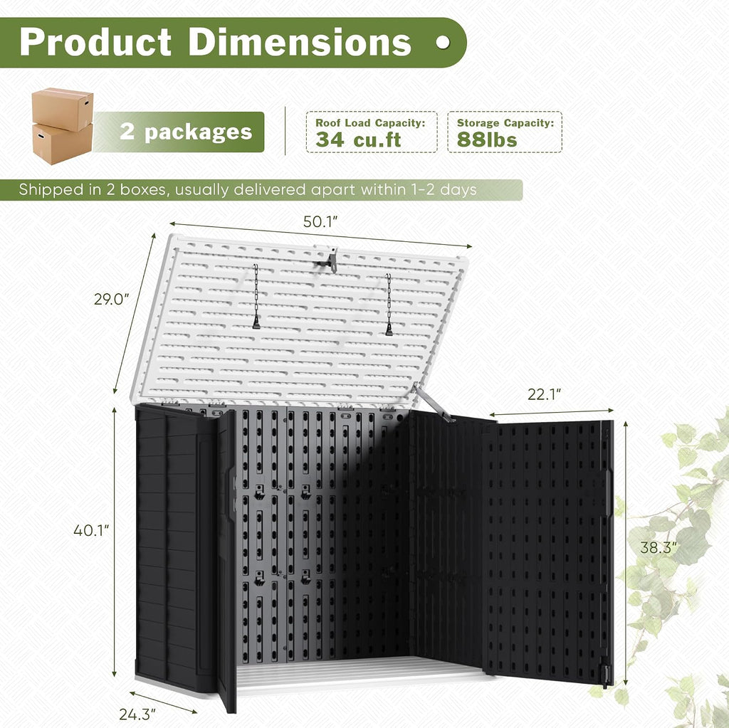 JUMMICO Resin Outdoor Storage Shed, 34 Cu Ft Horizontal Storage Cabinet for Trash Cans, Garden Tools, Pool Supplies (Black)