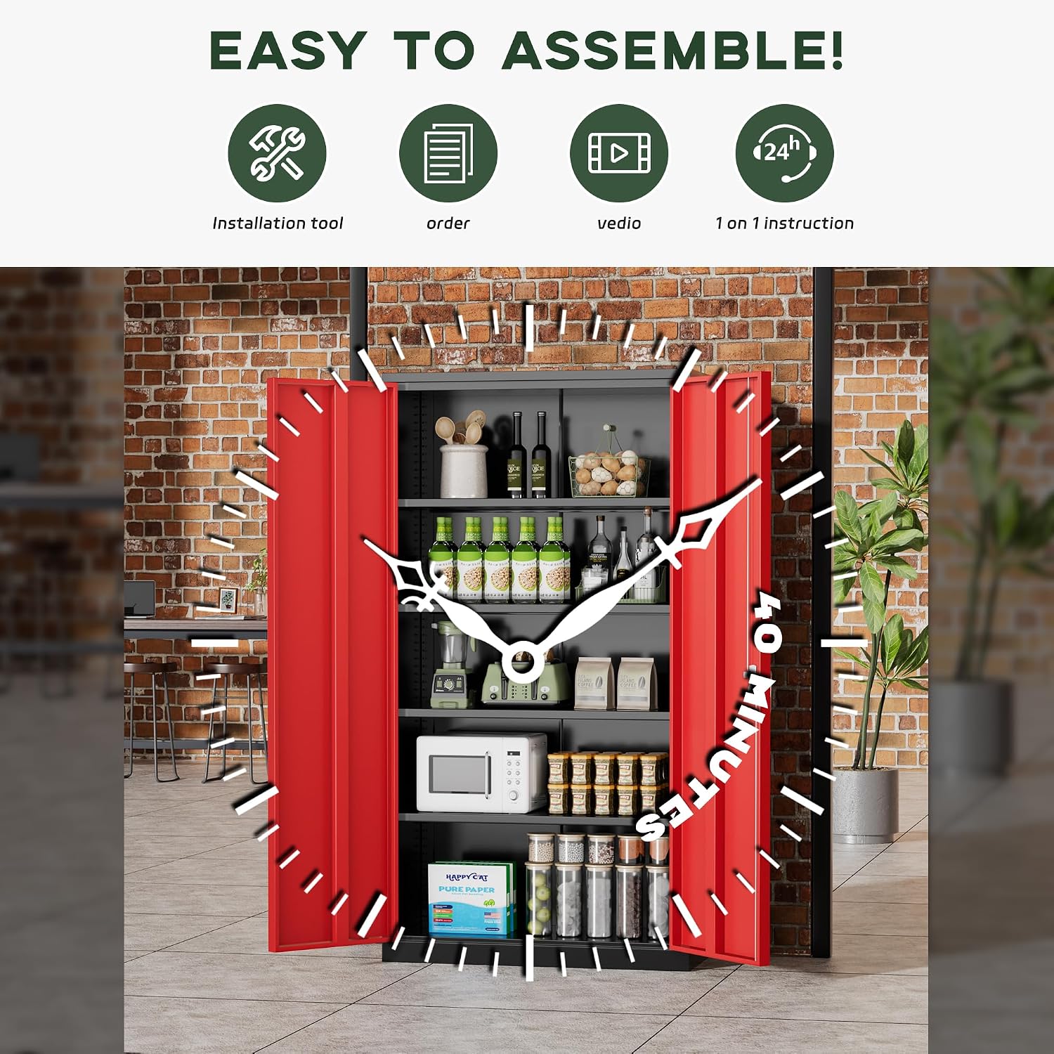 Greenvelly Metal Garage Storage Cabinet, 72' Black Red Tool Steel Locking Cabinet with Doors and 4 Shelves, Tall Cabinets for Garage Storage Systems Lockable File Cabinet for Home Office,Garage