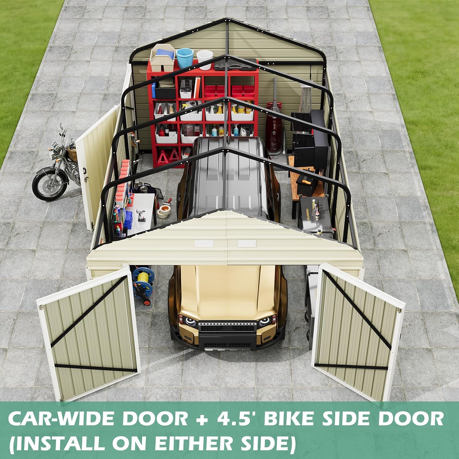 EROMMY 12x20 FT Heavy Duty Carport - Galvanized Steel Frame Car Shelter with Reinforced Base, Enclosed Storage Shed for Cars & Trucks, Beige