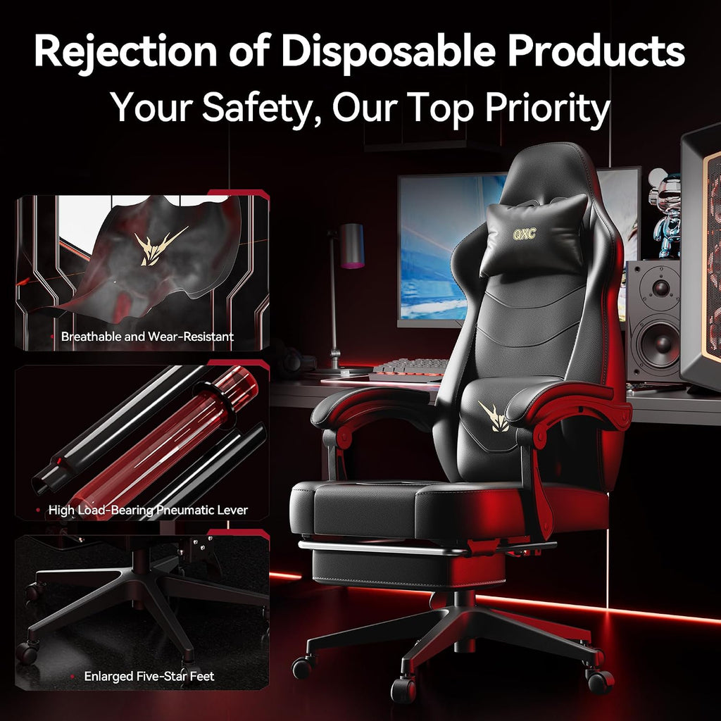 Gaming Chair, Ergonomic Computer Chair with Lumbar Massage & Heat, Video Game Chair with Silent Casters, 3D Adjustable Backrest, Thickened Seat, PU Leather, Hidden Footrest (63-77in)