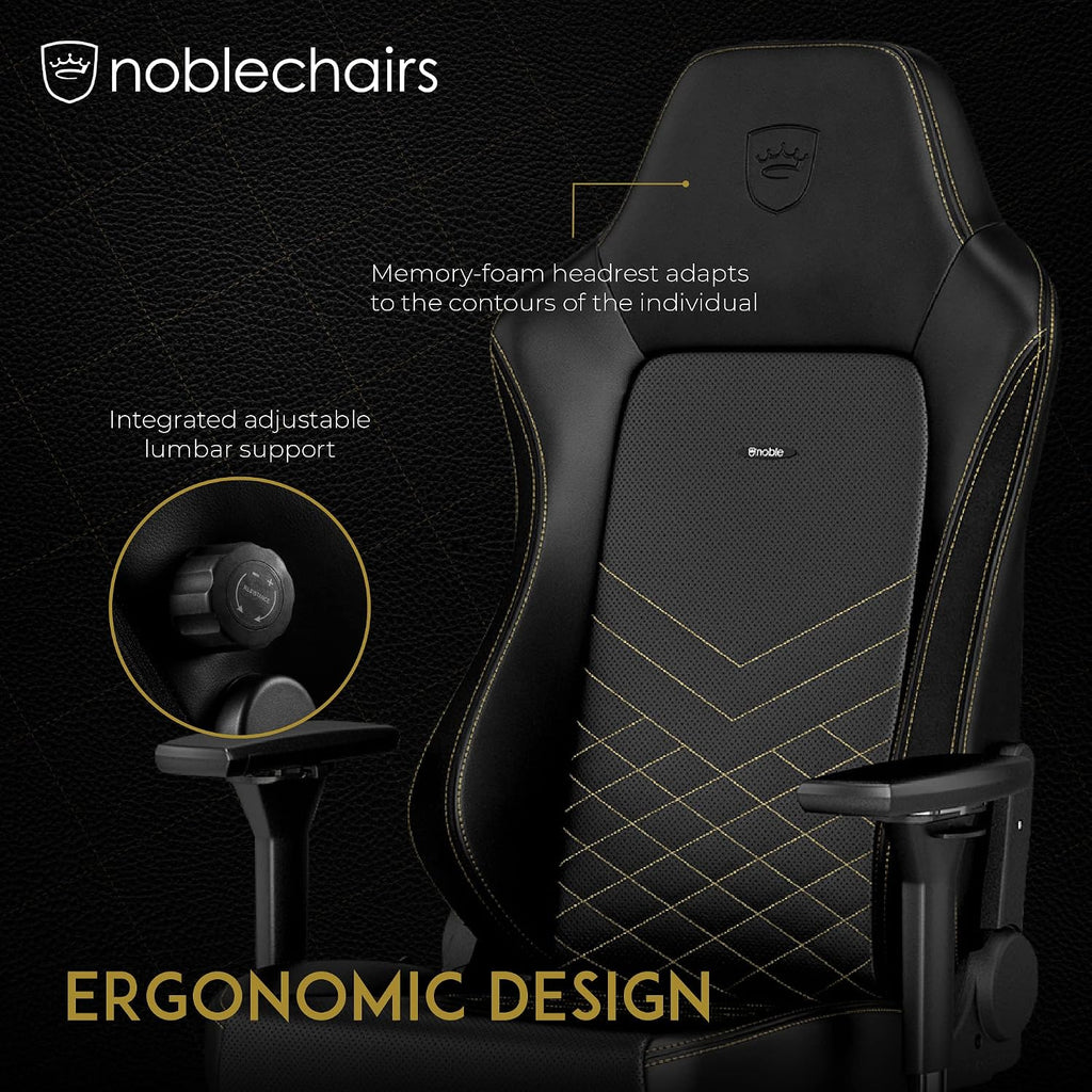 noblechairs Hero Gaming Chair/Office Chair with Lumbar Support, PU Faux Leather, Black/Gold
