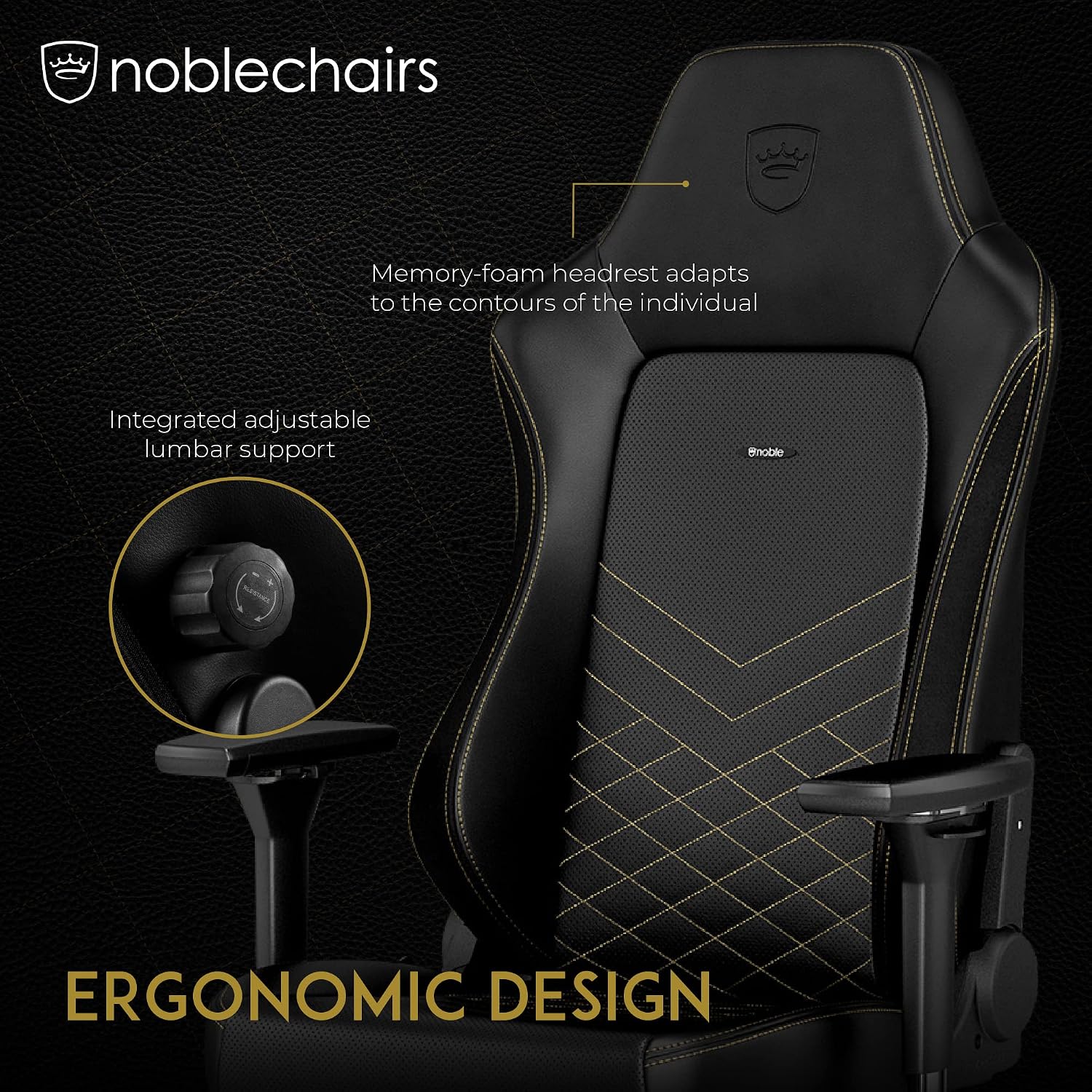 noblechairs Hero Gaming Chair/Office Chair with Lumbar Support, PU Faux Leather, Black/Gold