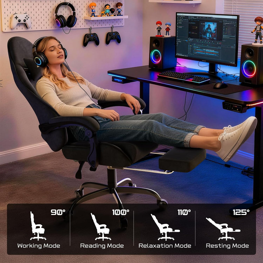 Soontrans Comfortable Video Gamer Chairwith Footrest, Ergonomic Velvet Fabric Gaming Chair for Adult, Reclining Desk Game Office Computer Chairs with Massage Lumbar Cushion,Headrest