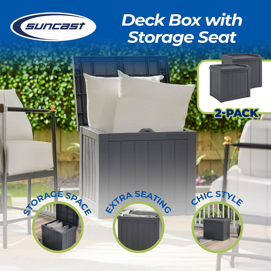 Suncast 2 Pack 22 Gallon Indoor or Outdoor Backyard Patio Small Storage Deck Box with Attractive Bench Seat and Reinforced Lid, Stone Gray