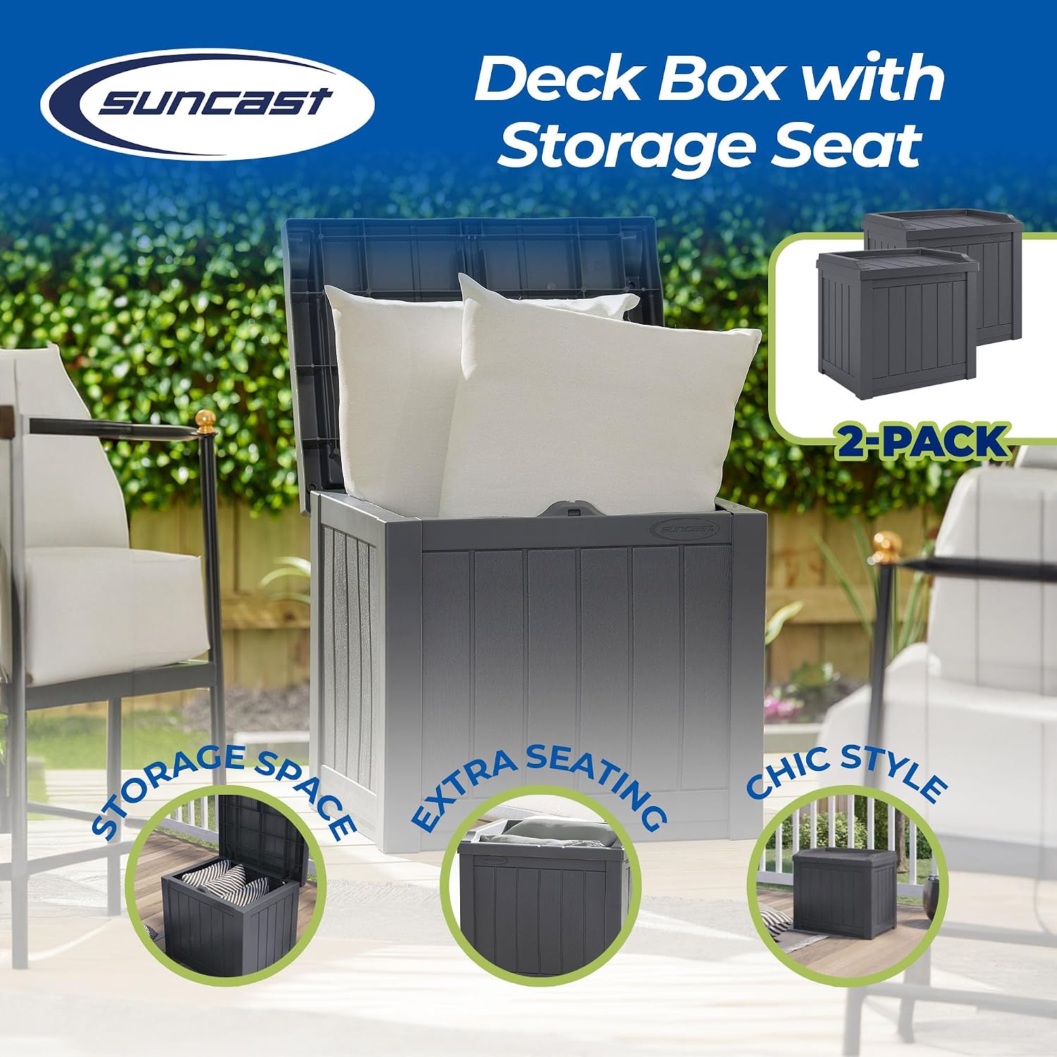 Suncast 2 Pack 22 Gallon Indoor or Outdoor Backyard Patio Small Storage Deck Box with Attractive Bench Seat and Reinforced Lid, Stone Gray