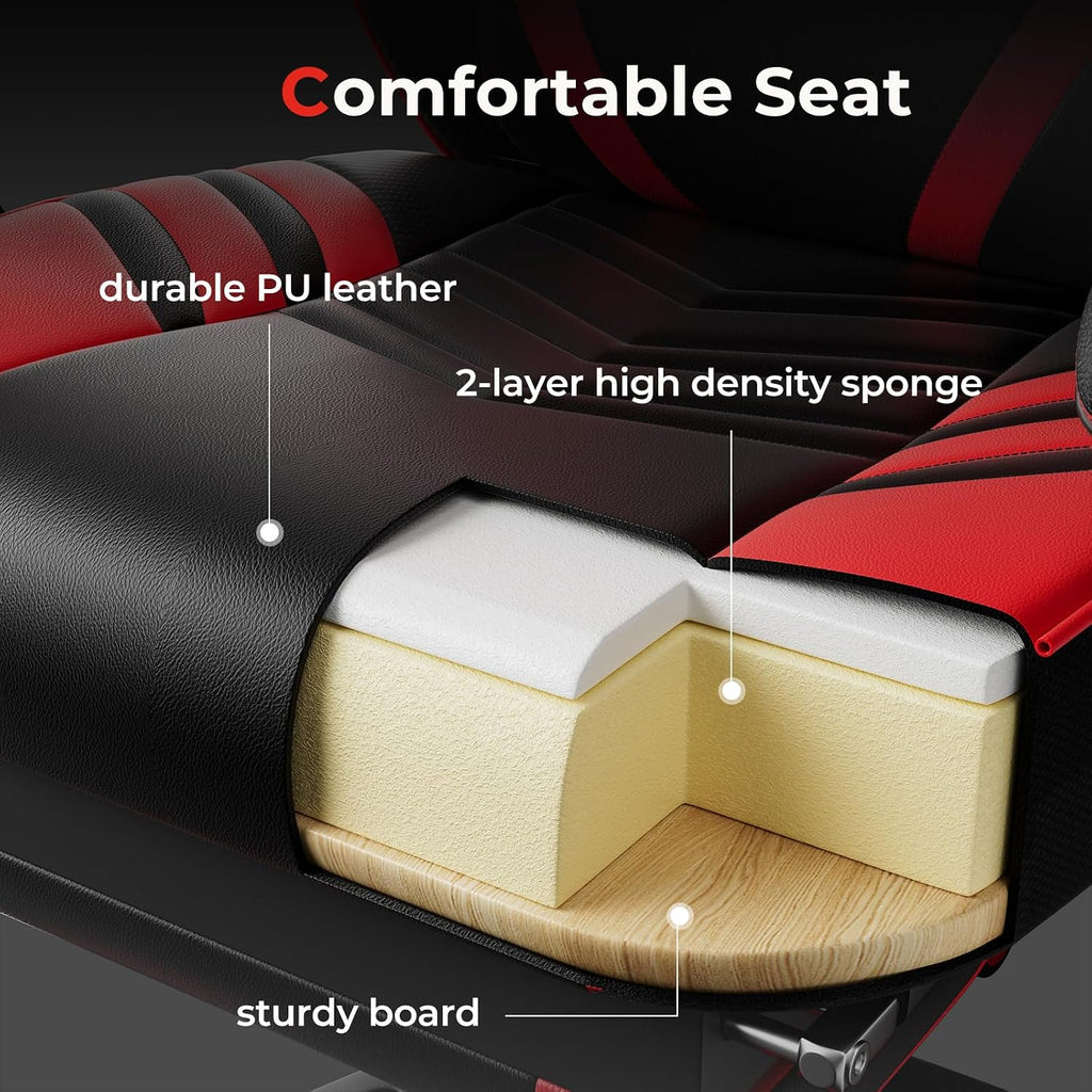 POWERSTONE Gaming Chair Video Game Chair with Footrest and Lumbar Support Racing Style PU Leather Computer Chair Ergonomic Adjustable Swivel Task Chair Red
