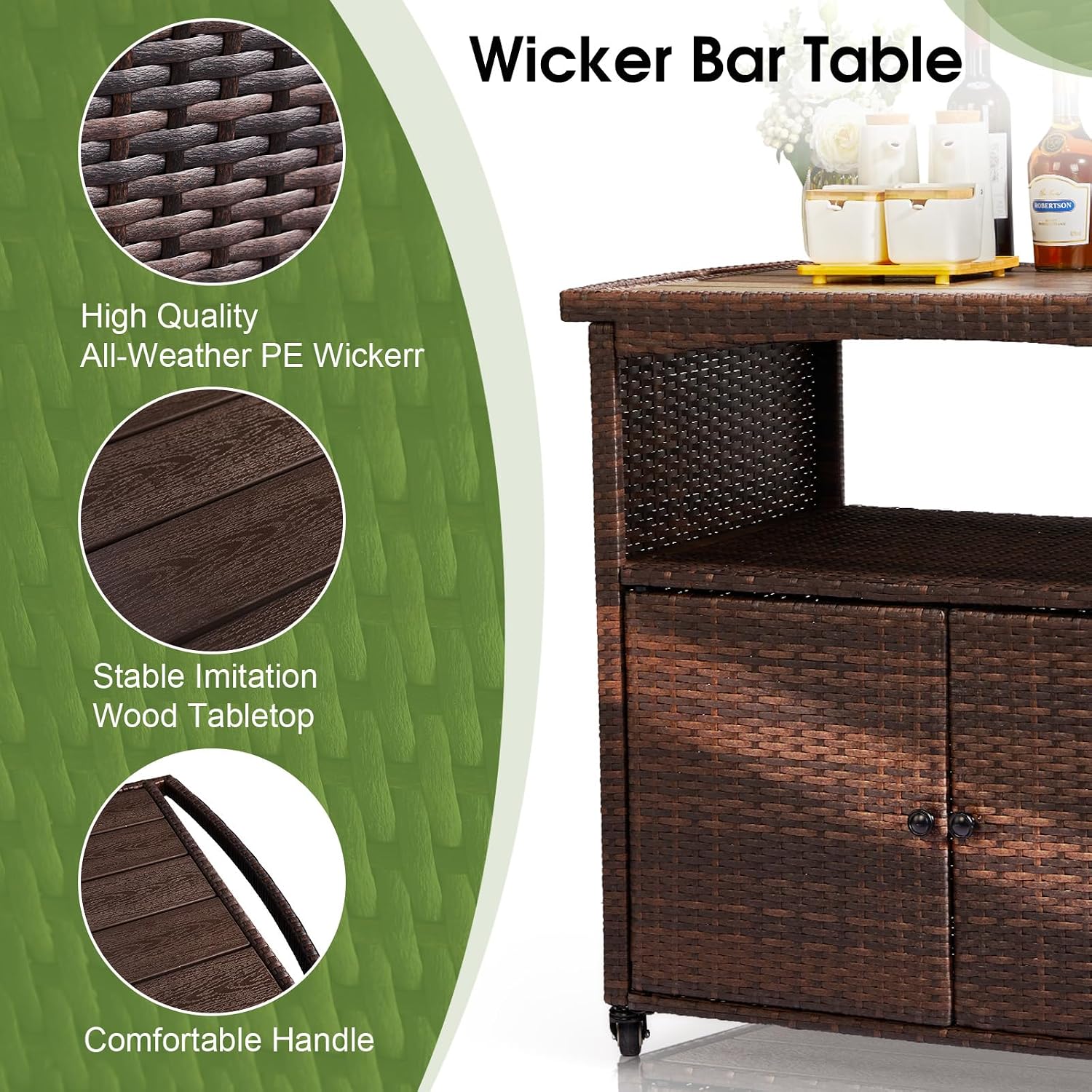 VINGLI Outdoor Storage Cabinet with Wheels, Waterproof Woven Rattan with Double Magnetic Doors, Mobile Multi-Purpose Cabinet for Storage, Buffet Server, Bar Table, Potting Bench (Wood Top)