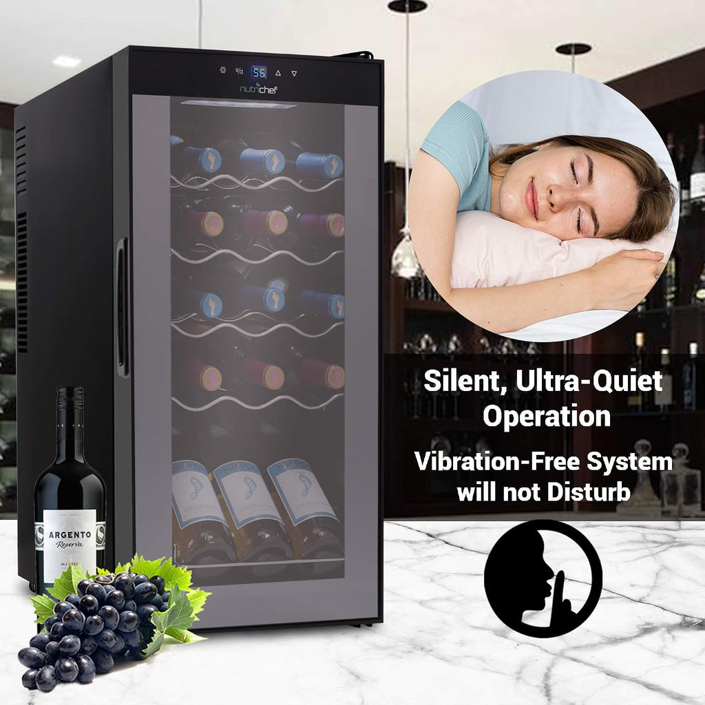 NutriChef Compressor Refrigerator White & Red Chiller Countertop Cooler-Freestanding Compact Mini Wine 15 Bottle Capacity, Digital, Glass Door, Black, Quiet Operation Fridge Touch Temperature Control