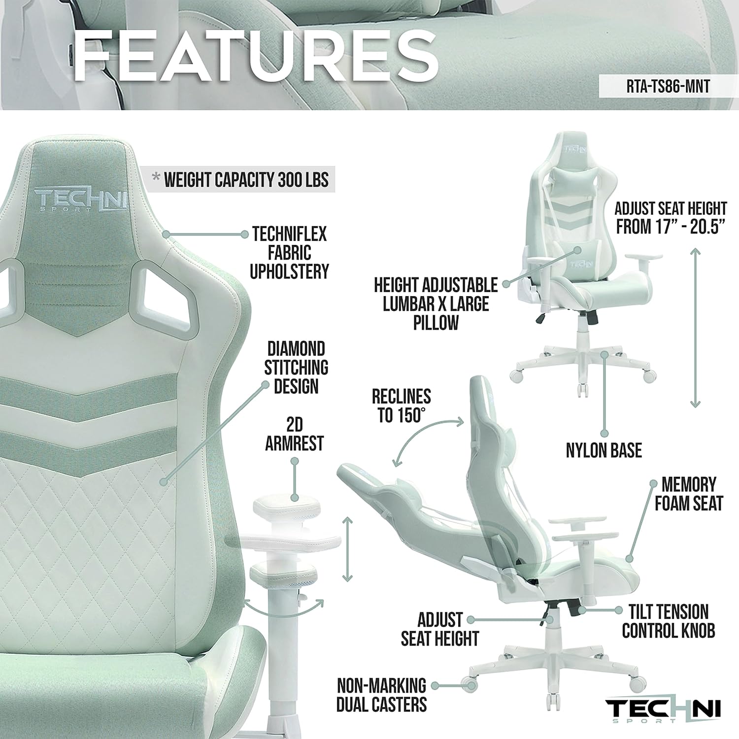 Techni Sport Green Pastel Multi-Layered Fabric Gaming Chair