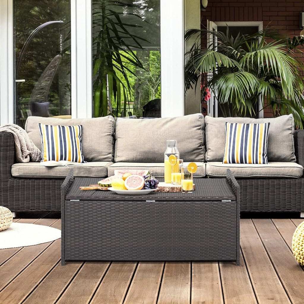 RELAX4LIFE 34-Gallon Outdoor Storage Box - Wicker Rattan Deck Box w/Seat Cushion, Waterproof Liner & Side Handles for Pillows, Patio Cushions, Pool Supplies, Garden Tools, Porch Outdoor Storage Bench