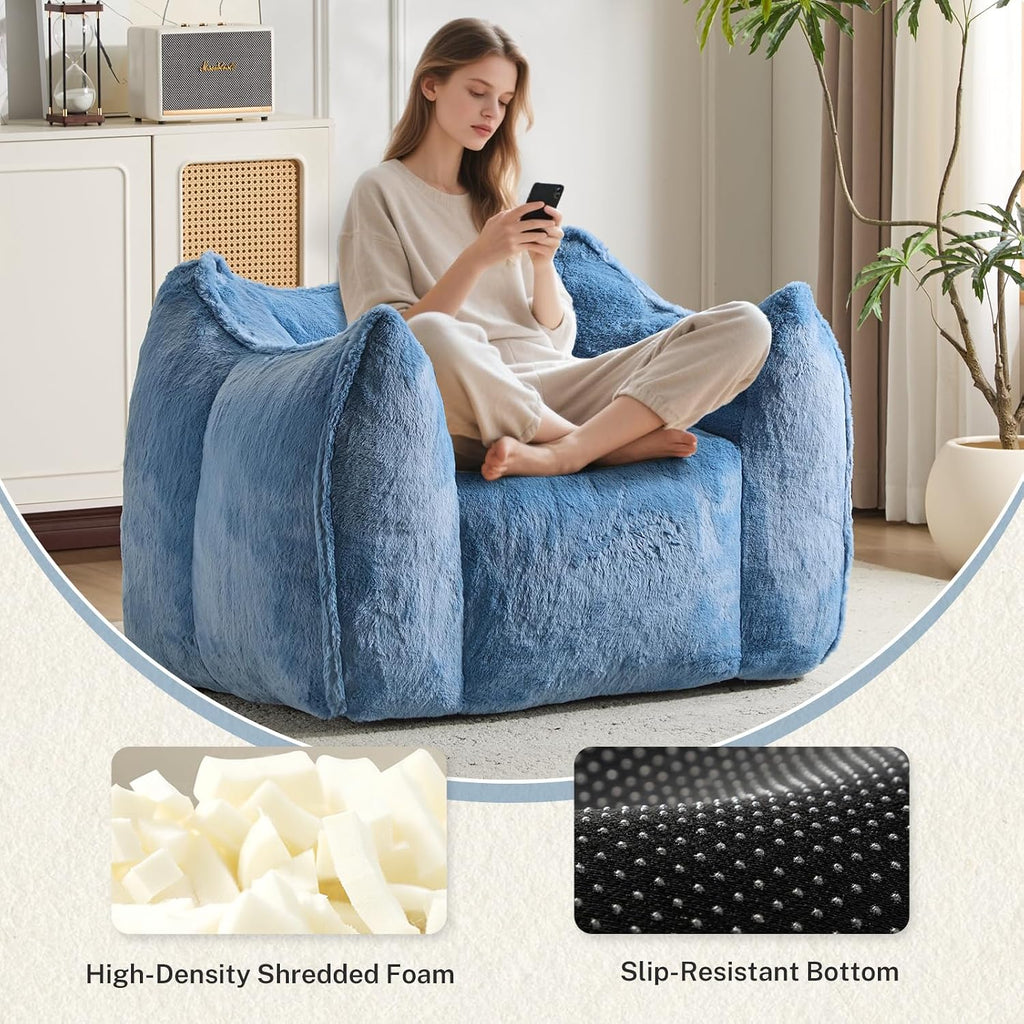 Giant Bean Bag Chair, Comfy Large Bean Bag Chairs for Adults and Kids, Fluffy Faux Rabbit Fur Floor Sofa for Living Room Bedroom Apartment, Light Bule