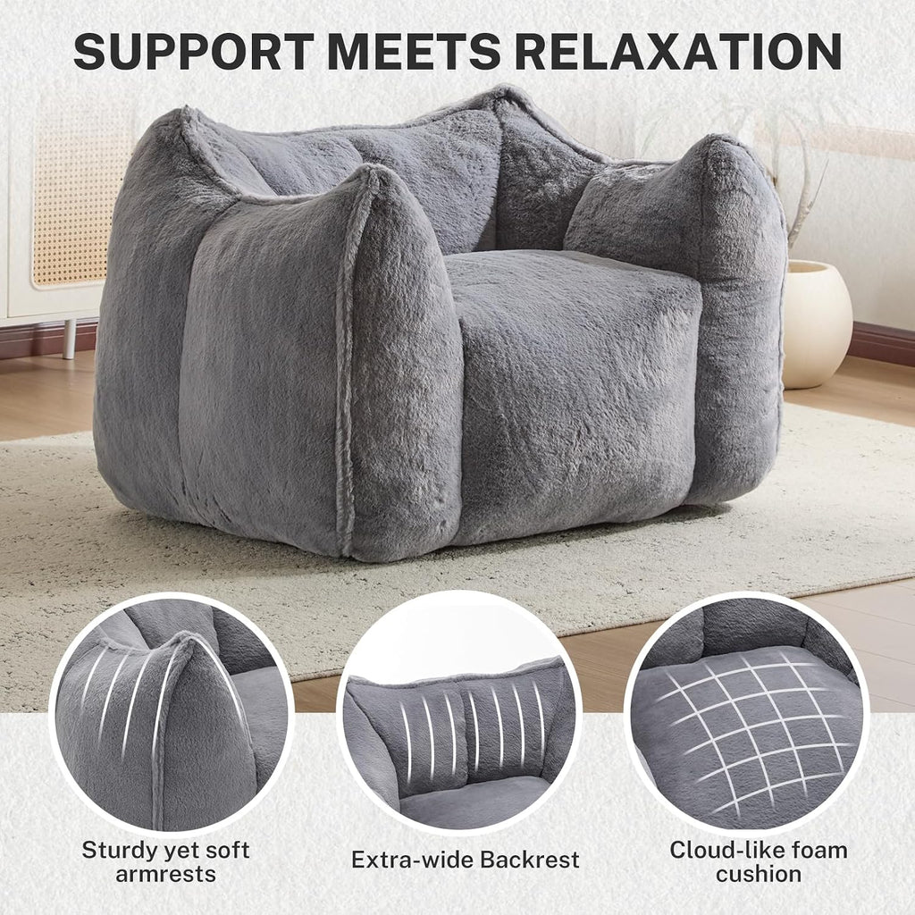 Giant Bean Bag Chair, Comfy Large Bean Bag Chairs for Adults and Kids, Fluffy Faux Rabbit Fur Floor Sofa for Living Room Bedroom Apartment, Grey