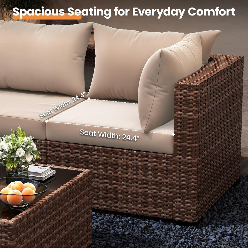 UDPATIO Patio Furniture Set with Fire Pit Table, 5 Piece Outdoor Sectional Sofas, All-Weather Wicker Conversation for Garden, Backyard, Khaki