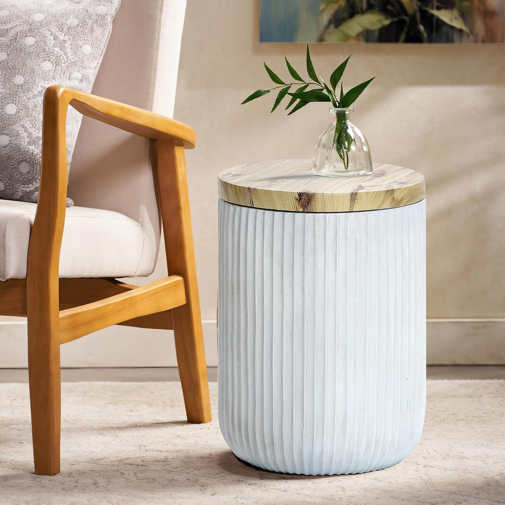 LuxenHome 18' Outdoor Side Table with Storage, Cement Patio End Table with Wood Finish Lid, Accent Table for Patio, Porch, Poolside, Backyard, Outside, Indoor, Garden Stool, Drum, Plant Stand