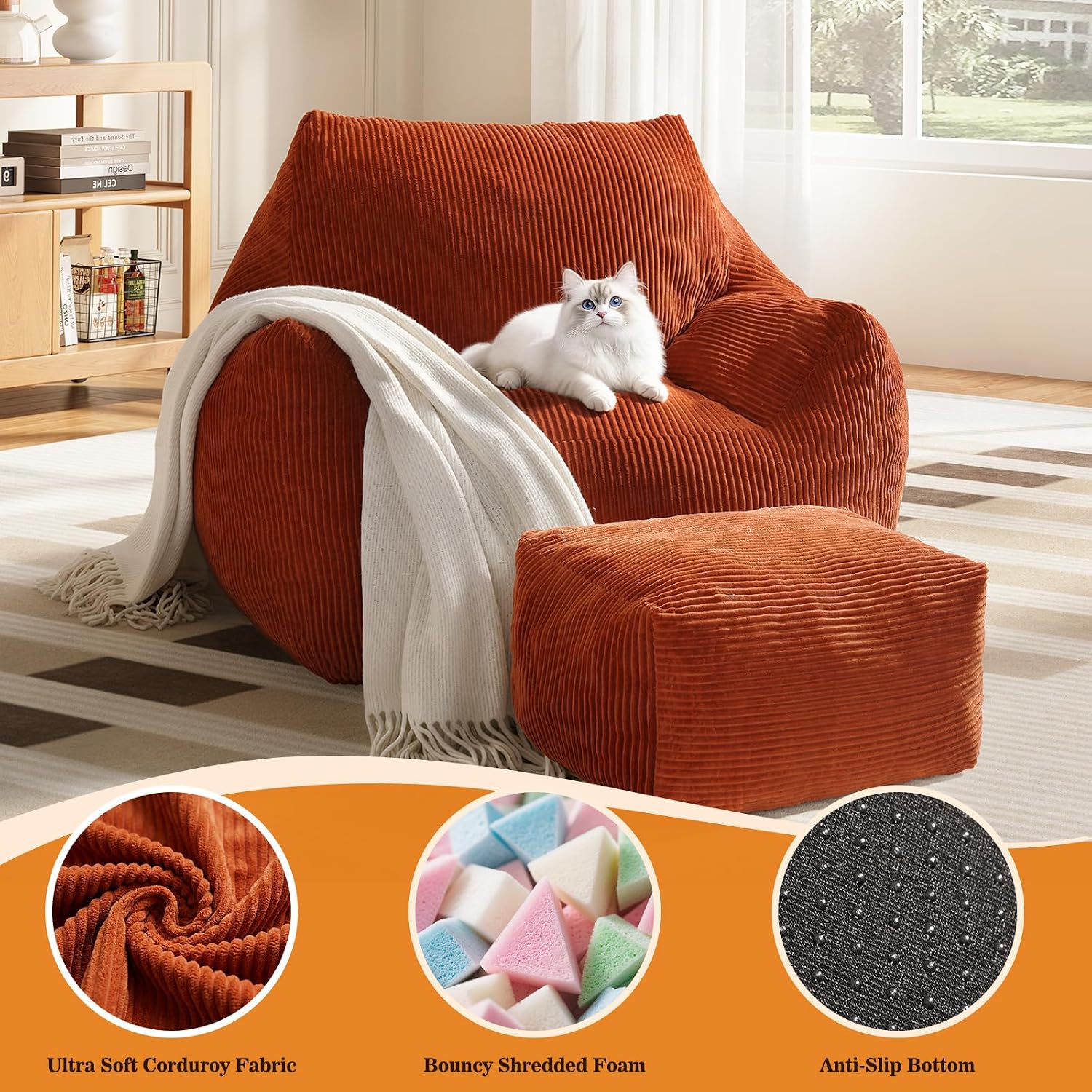 Big Bean Bag Chair for Adults, Ultra Soft Living Room Bean Bag with Armrests & Ottoman, Stuffed BeanBag Chair for Napping, Gaming, Vacuum-Compressed for Easy Gifting, 48h to Expand, Orange