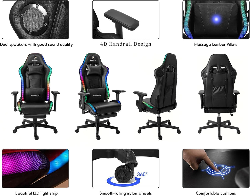 Massage Gaming Chair with Speakers and LED Lights, Ergonomic Computer Gaming Chair with Footrest and Lumbar Support, Office Video Game Chairs with Adjustable Height and Backrest.,White