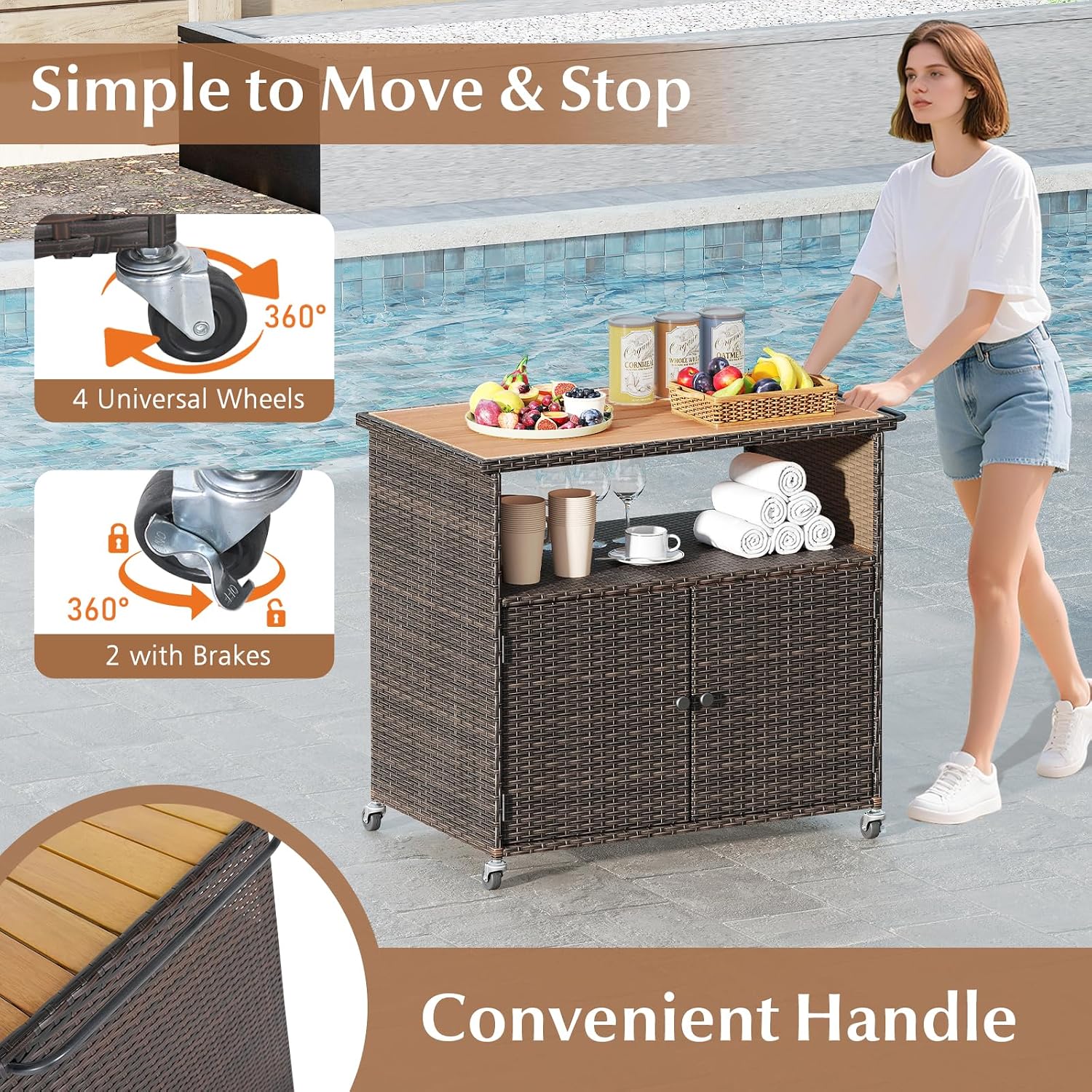 HAPPYGRILL Outdoor Storage Cabinet with Wheels, PE Rattan Patio Buffet Sideboard Bar Cart for Garden, Backyard & Poolside