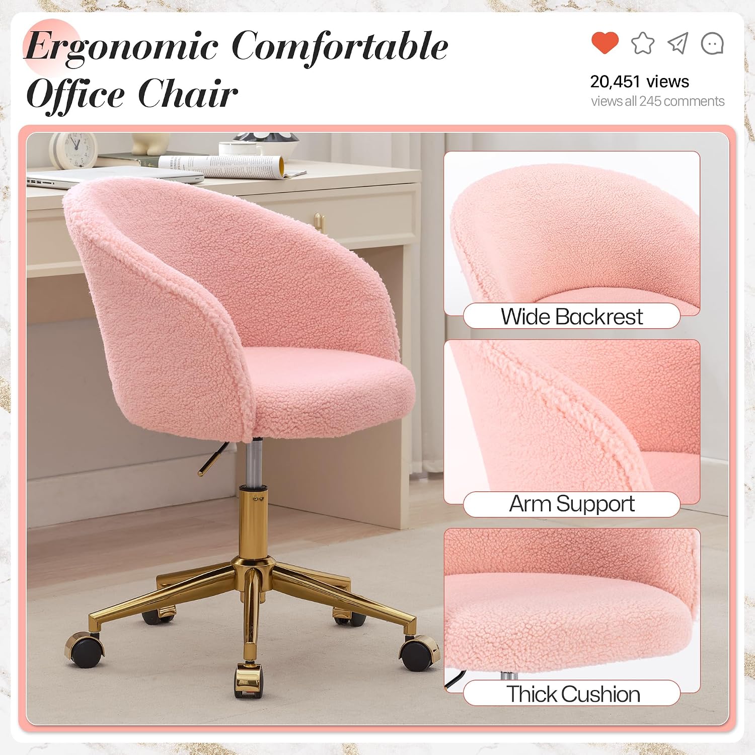 KCC Faux Fur Office Desk Chair, Comfy Fluffy Swivel Modern Leisure Armchair with Wheels, Upholstered Comfy Fuzzy Vanity Makeup Chair Height Adjustable for Teens Women Girls Elegant Home Office(Pink)