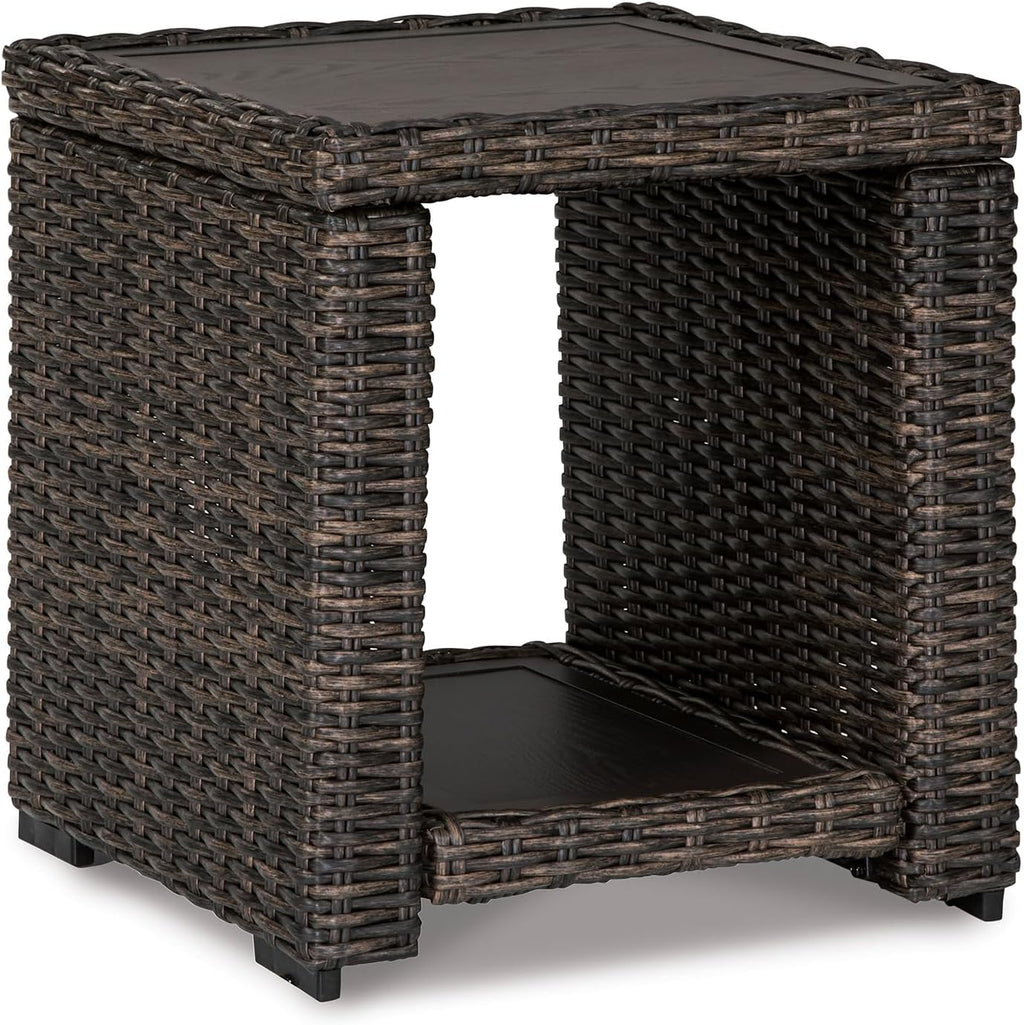 Signature Design by Ashley Grasson Lane Outdoor Rattan Square End Table with Storage, All-Weather Resin Wicker Handwoven Over Durable Aluminum Frame, Aluminum Tabletop and Shelf, 22.25' High, Brown