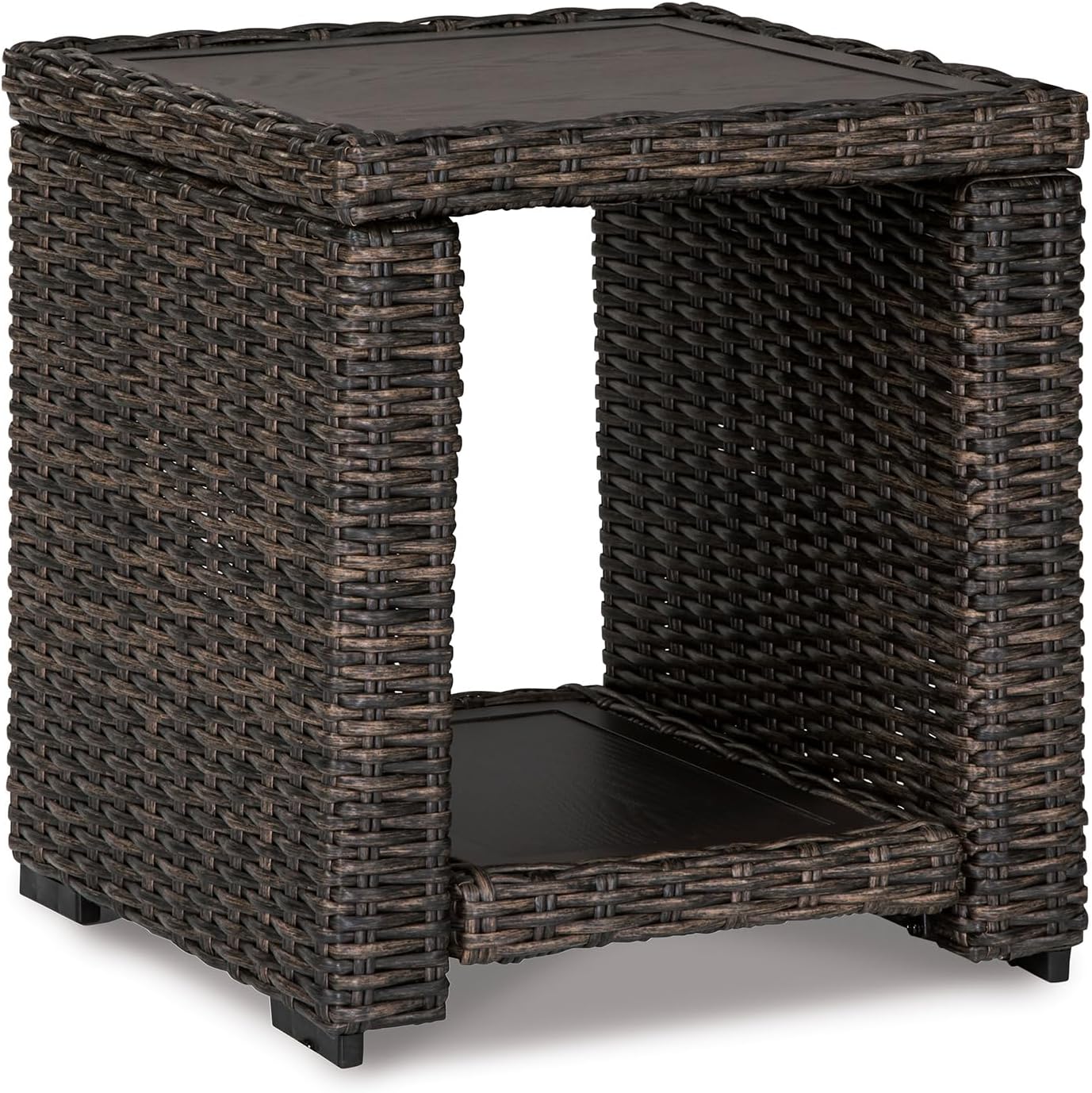 Signature Design by Ashley Grasson Lane Outdoor Rattan Square End Table with Storage, All-Weather Resin Wicker Handwoven Over Durable Aluminum Frame, Aluminum Tabletop and Shelf, 22.25' High, Brown
