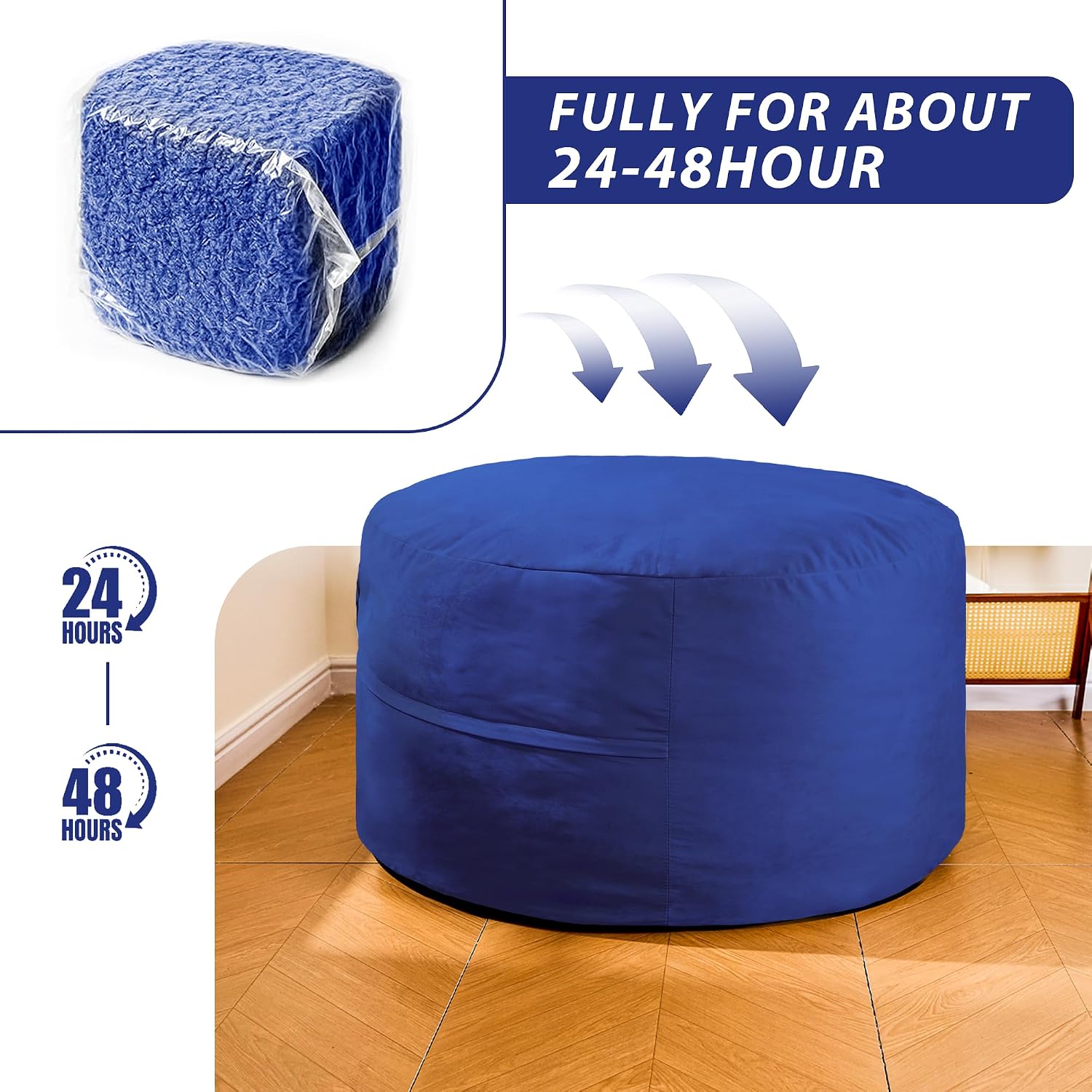 4FT Bean Bag Chair, Bean Bag Chairs for Adults and Kids, Fluffy and Comfy Bean Bag with Velvet Cover, Bean Bag with Memory Foam Filled for Gaming, Living Room, Playroom (Blue)