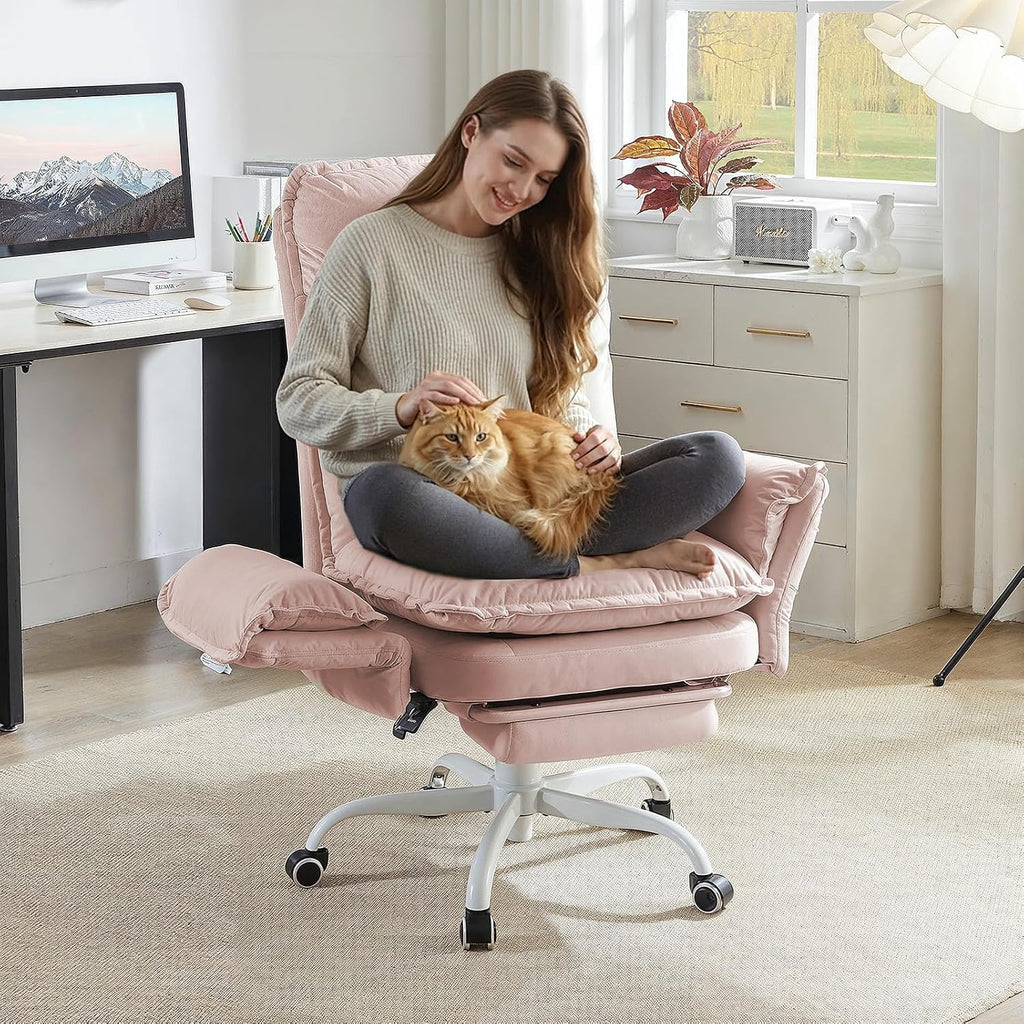 Bestier Criss Cross Office Chair with Flip-Up Armrests, High Back Executive Chair with Footrest & Wheels, Cross Legged Desk Chair for Home Office, Pink Velvet