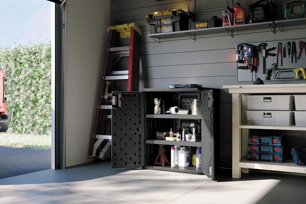 Suncast Base Storage Cabinet for Garage Organization, 9 Cu. Ft. Capacity, Black - Lockable Multi-Wall 2-Shelf Resin Organizer for Garden Supplies, Paint Cans & Outdoor Tools
