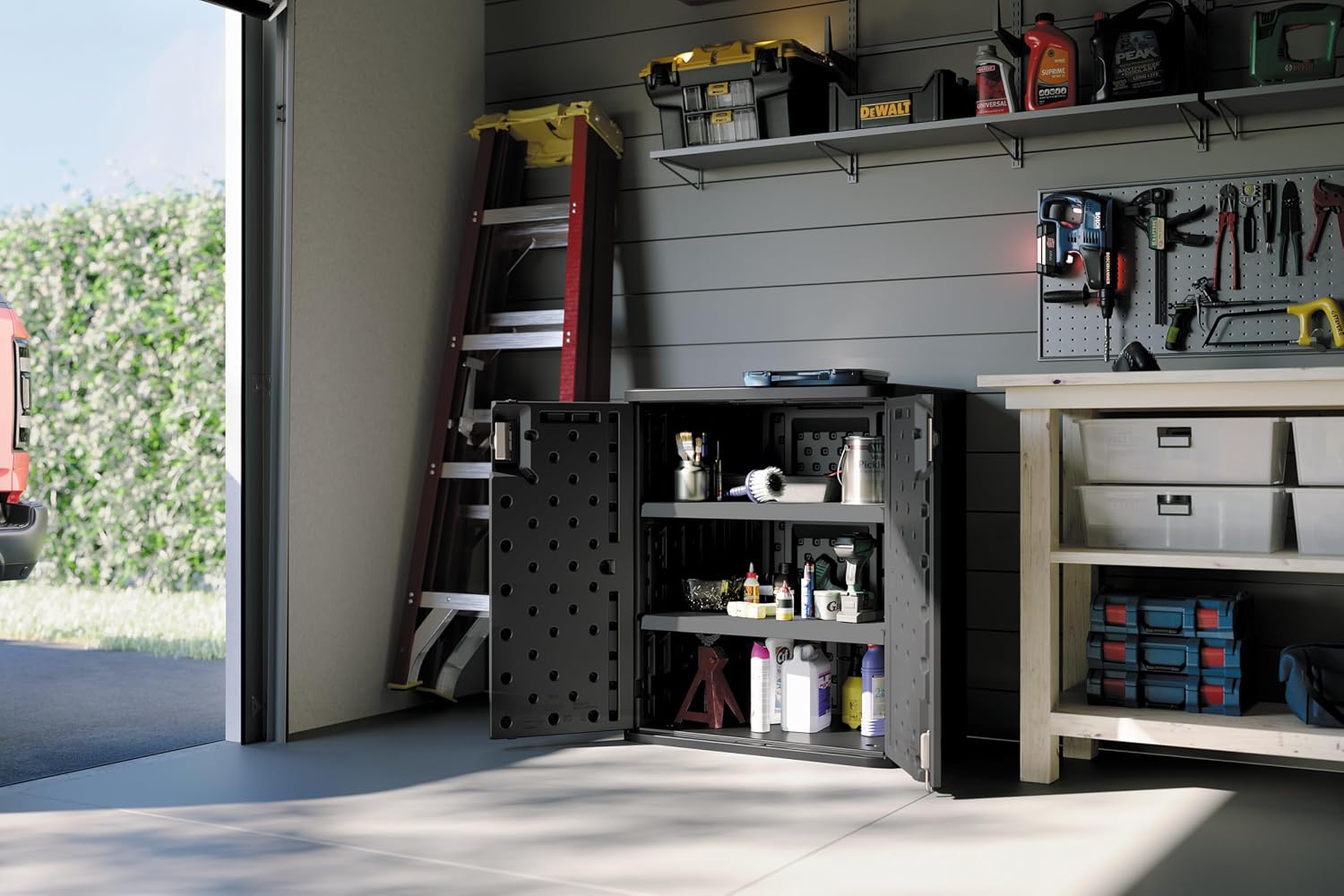 Suncast Base Storage Cabinet for Garage Organization, 9 Cu. Ft. Capacity, Black - Lockable Multi-Wall 2-Shelf Resin Organizer for Garden Supplies, Paint Cans & Outdoor Tools