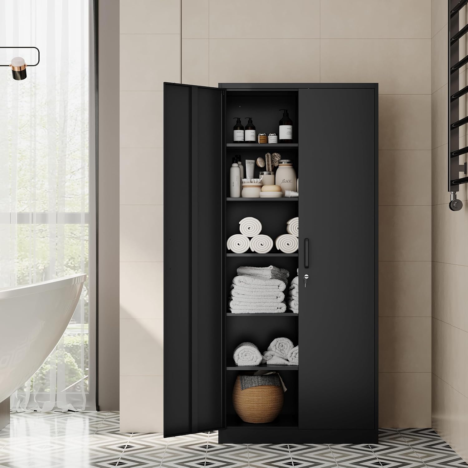 Fesbos Metal Storage Cabinet-72' Tall Steel File Cabinet with Lockable Doors and Adjustable Shelves-Black Steel Storage Cabinet for Home, School, Office, Garage