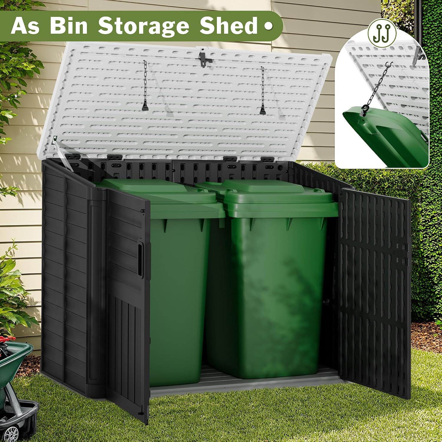 JUMMICO Resin Outdoor Storage Shed, 34 Cu Ft Horizontal Storage Cabinet for Trash Cans, Garden Tools, Pool Supplies (Black)