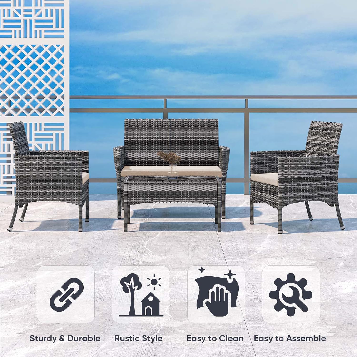 Outdoor Furniture Set of 4 Pieces with PE Waterproof Rattan Tempered Glass Table and Thick Cushions Suitable for Gardens Porches Terraces and Balconies Easy to Assemble, Grey