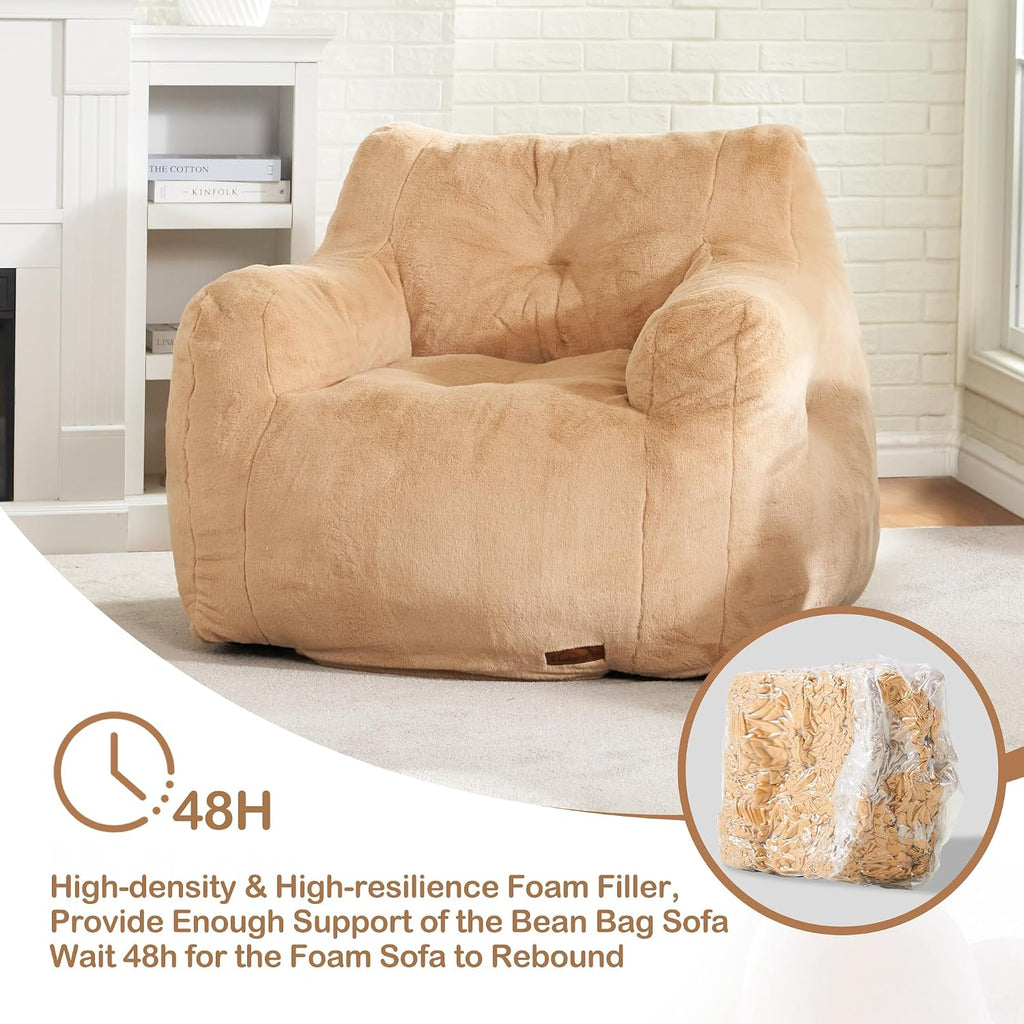 Hobestluk Bean Bag Chair for Adult Small Bean Bag Chairs with Arms Furry Beanbag Chair with Foam Filler Stuffed Bean Bag Sofa for Reading in Bedroom Living Room and Dorms(Khaki)
