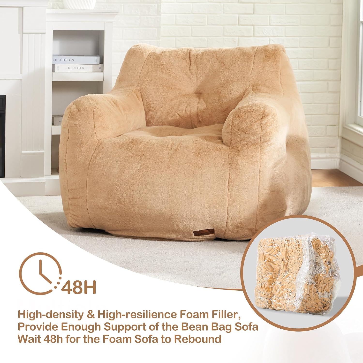 Hobestluk Bean Bag Chair for Adult Small Bean Bag Chairs with Arms Furry Beanbag Chair with Foam Filler Stuffed Bean Bag Sofa for Reading in Bedroom Living Room and Dorms(Khaki)