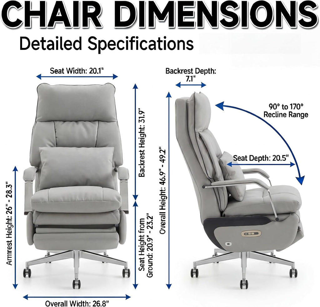 Dual Motor Executive Reclining Office Chair with Footrest – One-Click Electric Recline, Massage Lumbar Support & Pillow, Big and Tall PU Leather Ergonomic Desk Chair for Home Office(Gray)