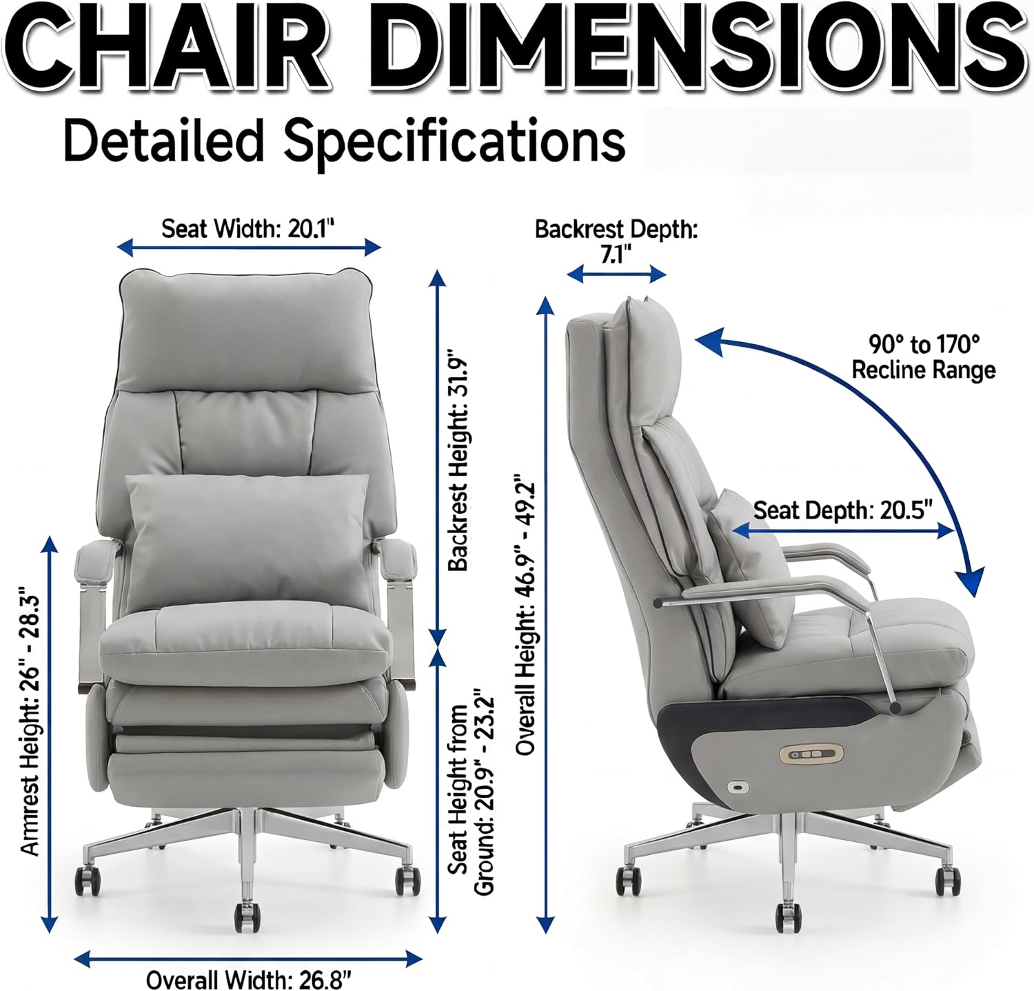 Dual Motor Executive Reclining Office Chair with Footrest – One-Click Electric Recline, Massage Lumbar Support & Pillow, Big and Tall PU Leather Ergonomic Desk Chair for Home Office(Gray)