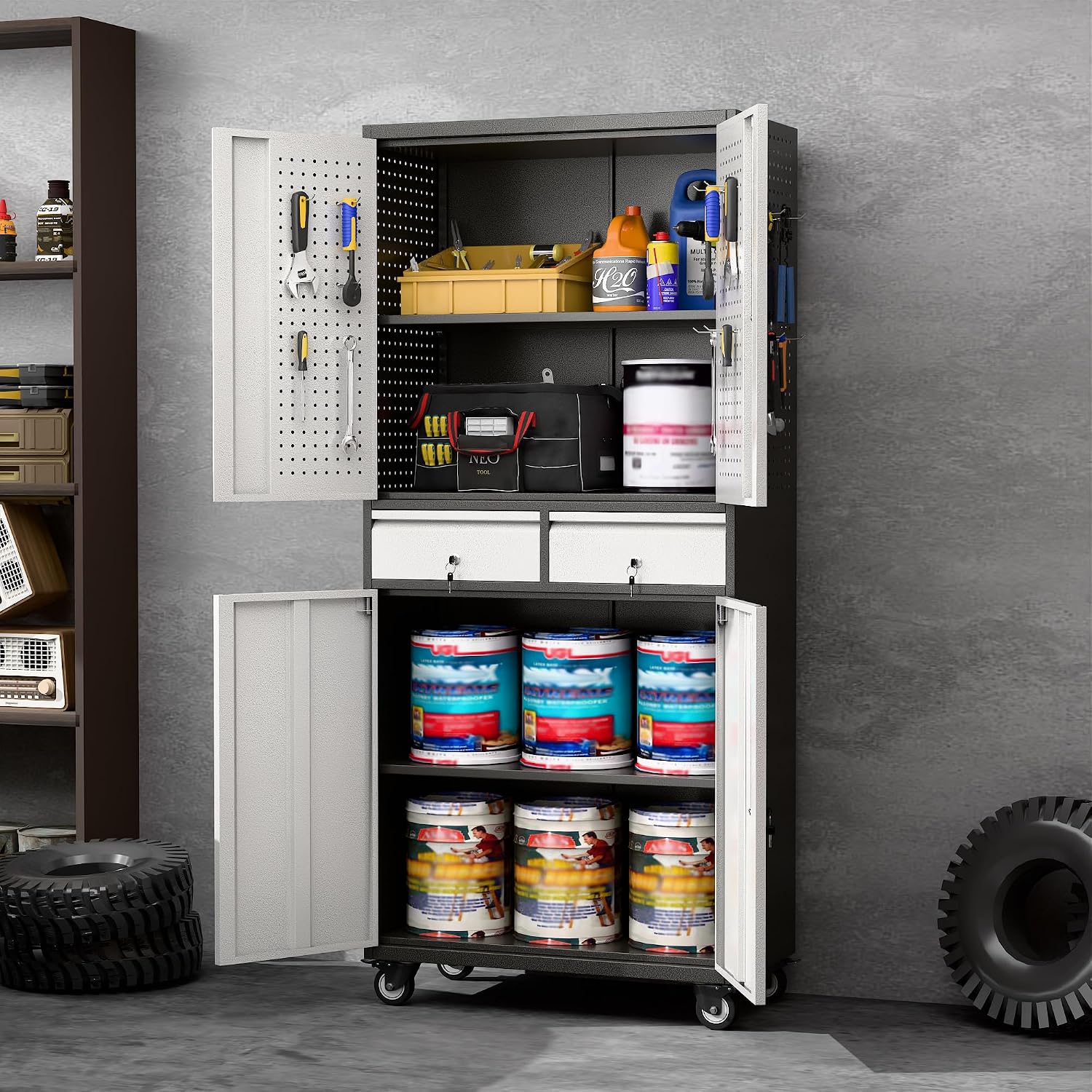 71''H Metal Storage Cabinet with Wheels & Pegboard,Rolling Lockable Tool Cabinet with Adjustable Shelves & 2 Drawer for Garage,Offices,Homes,Pantries Assembly Required